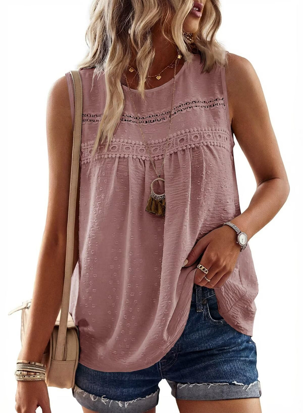 Falechay Womens Summer Tops Boho Shirts Crewneck Sleeveless Tank Tops Flowy Lace Hem Casual Blouses Clothing Trendy 2026