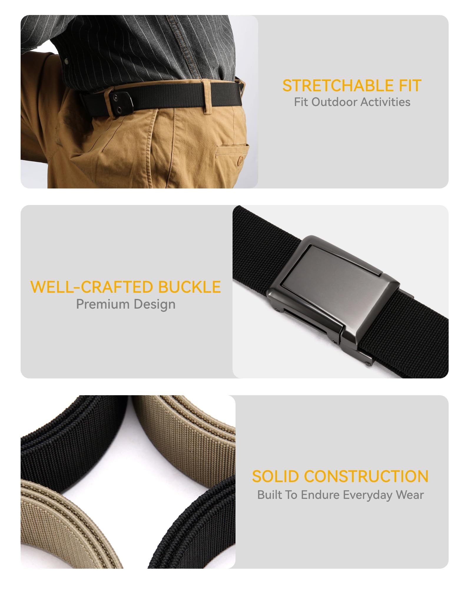 CHAOREN Tactical Belt Men - 1.5" Work Belt Nylon Stretch with Quick Release Zinc Alloy Buckle for Military Casual Jeans