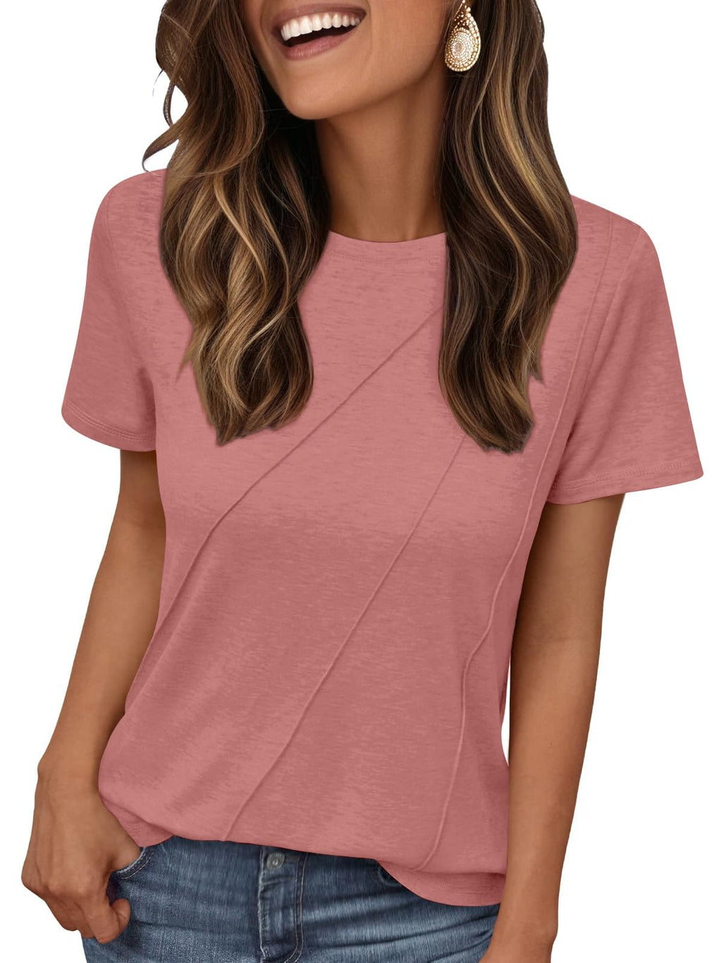 isermeo Women's Summer Short Sleeve Tops Casual Crewneck Fashion Pleated T-Shirts Blouses Trendy 2026 S-XXL