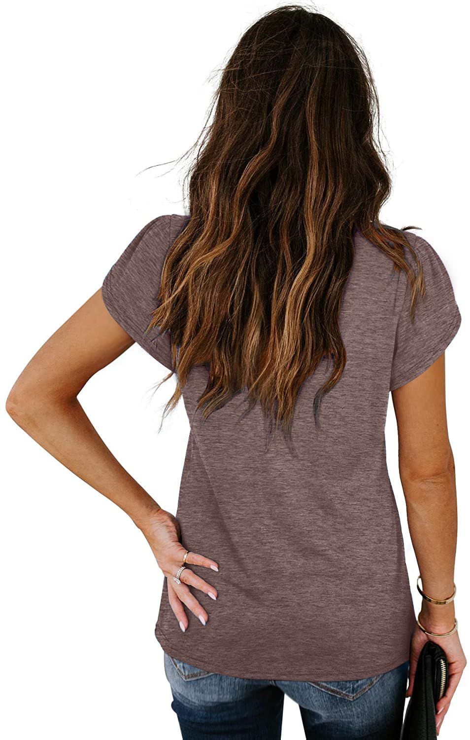 isermeo Womens Summer Tops Sexy V Neck Petal Sleeve Casual Solid Color Tee Tshirts S-XXL