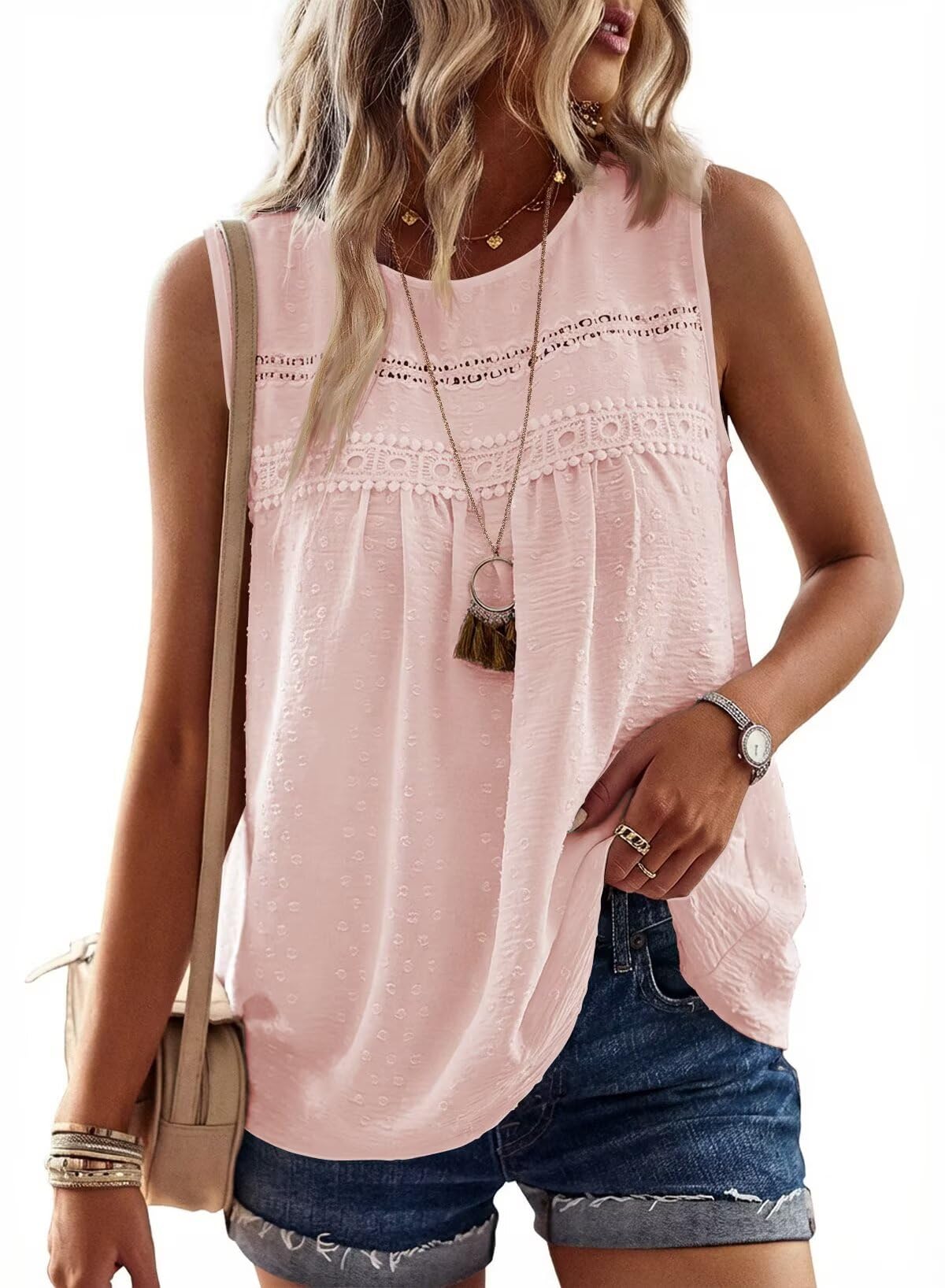 Falechay Womens Summer Tops Boho Shirts Crewneck Sleeveless Tank Tops Flowy Lace Hem Casual Blouses Clothing Trendy 2026