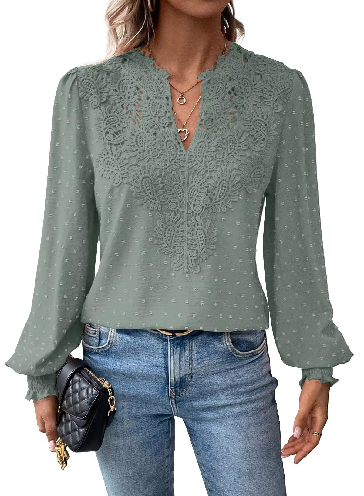Falechay Womens Tops Swiss Dot Boho Long Sleeve Shirts V Neck Casual Chiffon Blouses Flowy Lace Hem Cute Clothing Trendy 2026