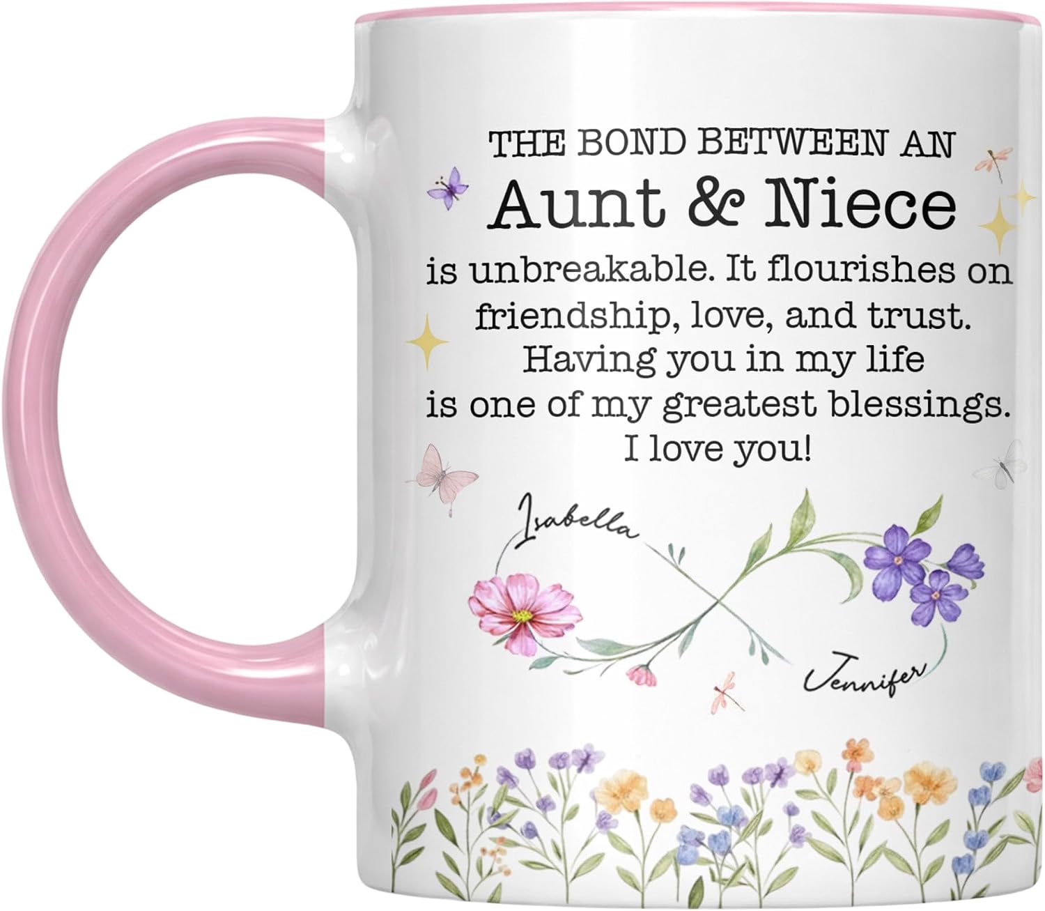 Mug blanc à anse rose, fleurs et papillons colorés, texte «Aunt & Niece».