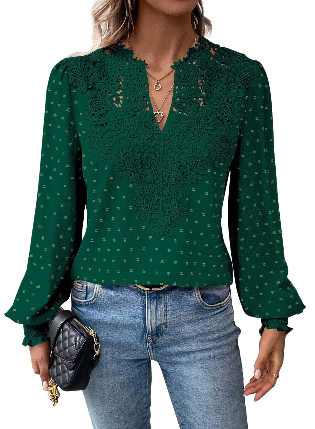 Falechay Womens Tops Swiss Dot Boho Long Sleeve Shirts V Neck Casual Chiffon Blouses Flowy Lace Hem Cute Clothing Trendy 2026