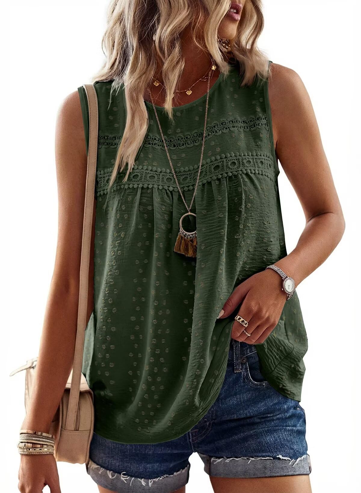 Falechay Womens Summer Tops Boho Shirts Crewneck Sleeveless Tank Tops Flowy Lace Hem Casual Blouses Clothing Trendy 2026