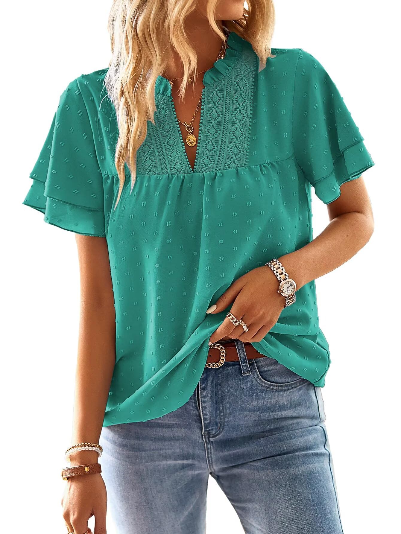 Falechay Womens Tops Butterfly Sleeve V Neck Blouses for Women Dressy Casual Flowy Swiss Dot Ruffle Short Sleeve Shirts