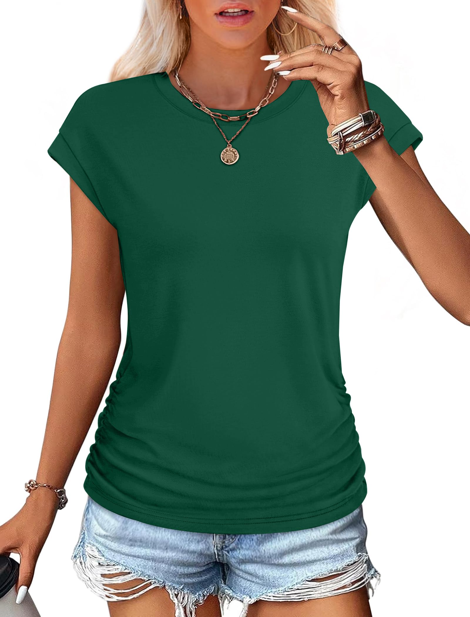 isermeo Womens Summer Tops Trendy 2026 Ruched Side Cap Short Sleeve Tshirts Crew Neck T Shirts Fashion S-XXL