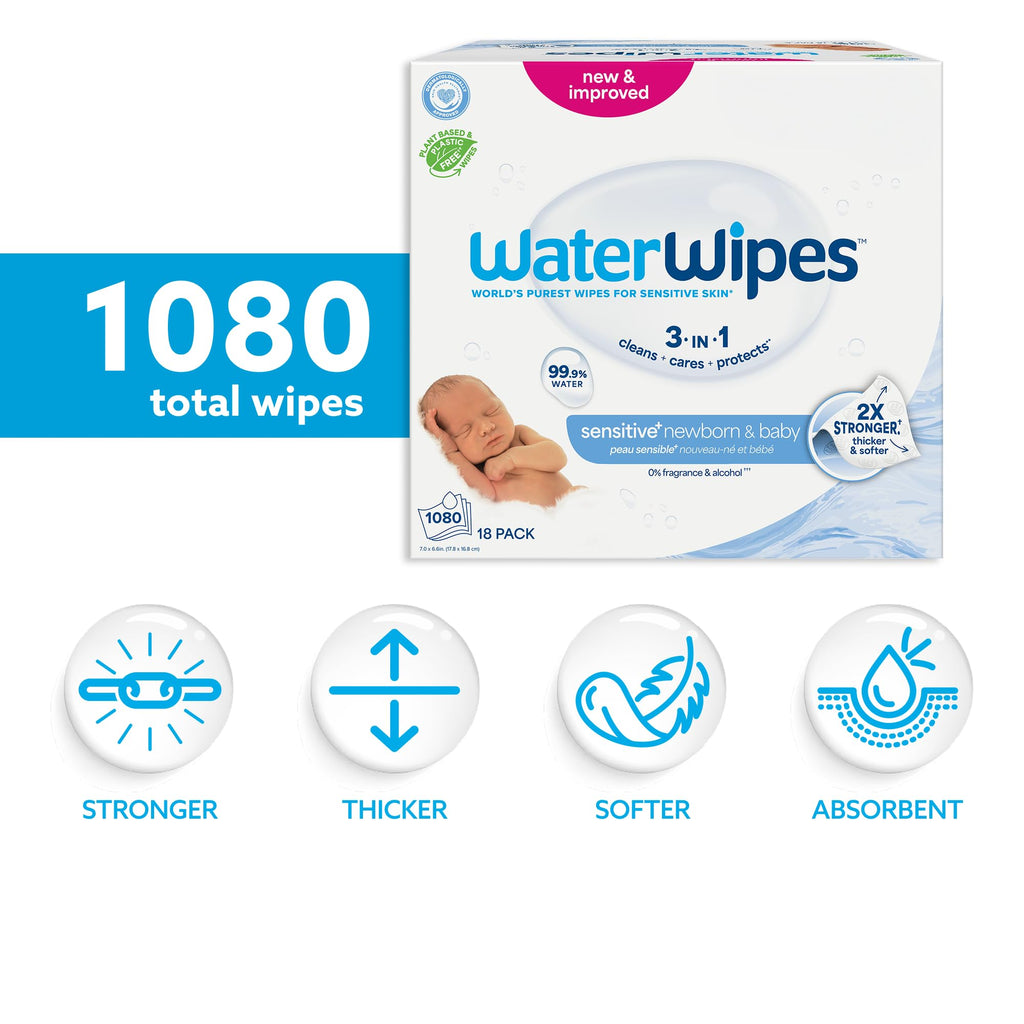 WaterWipes Sensitive+ Newborn & Baby Wipes, 3-In-1 Cleans, Cares, Protects, 99.9% Water, Unscented & Hypoallergenic, 720 Count (12 Packs)