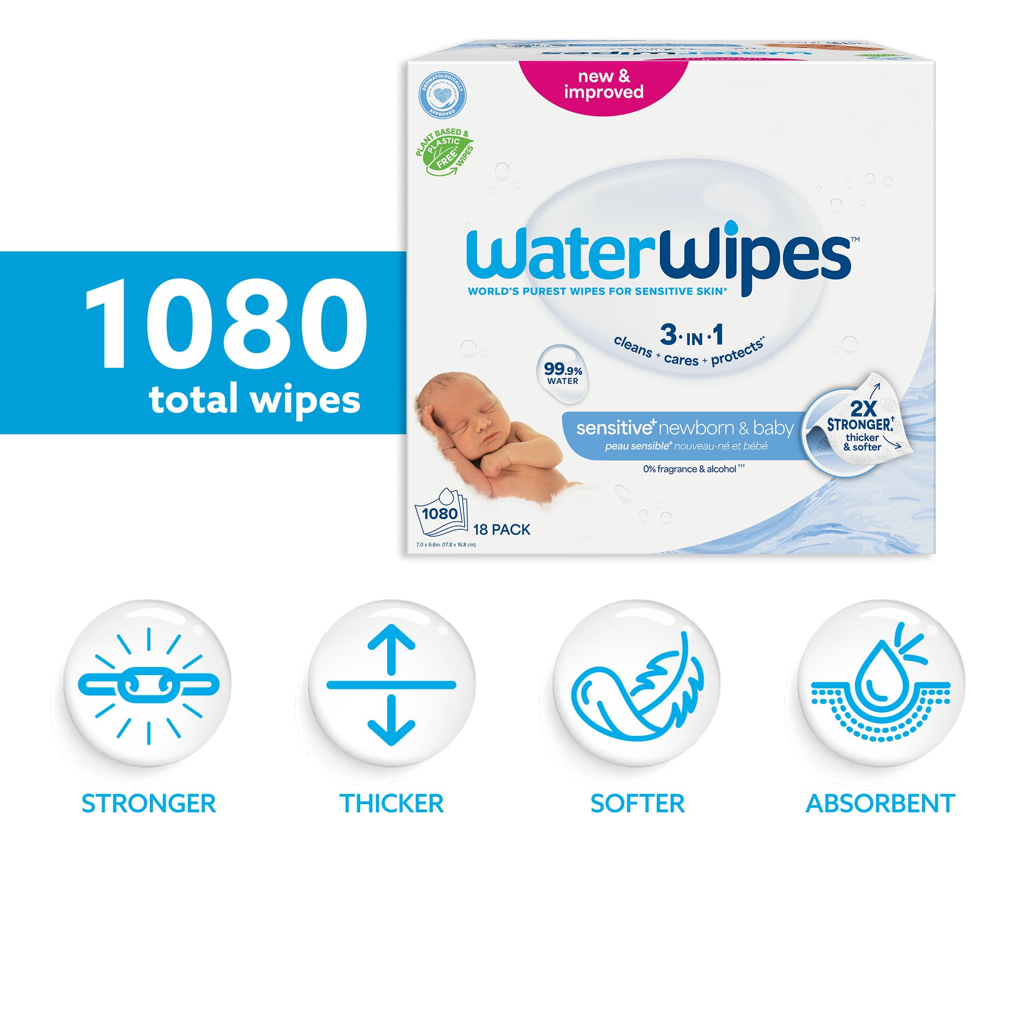 WaterWipes Sensitive+ Newborn & Baby Wipes, 3-In-1 Cleans, Cares, Protects, 99.9% Water, Unscented & Hypoallergenic, 720 Count (12 Packs)