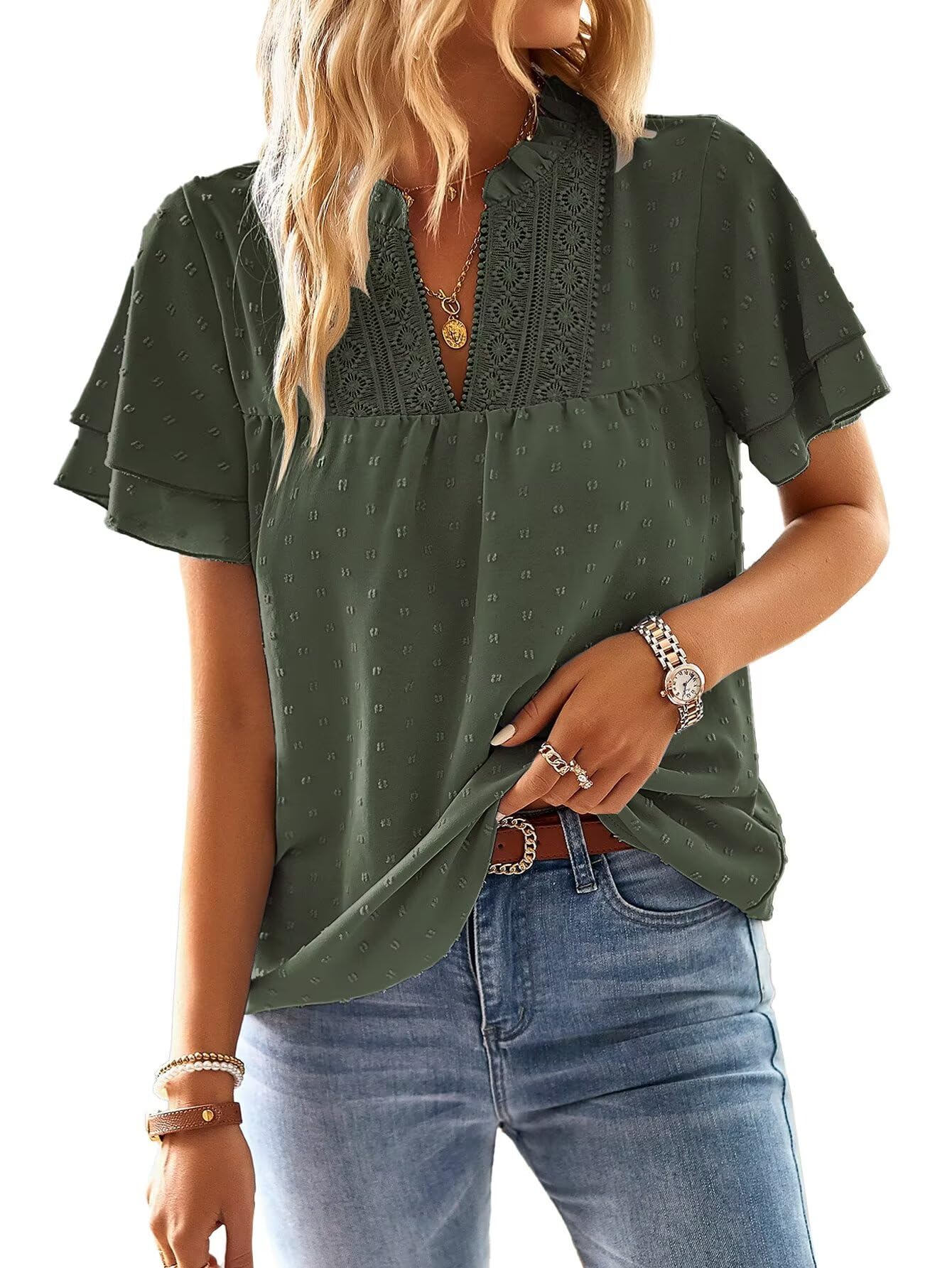 Falechay Womens Tops Butterfly Sleeve V Neck Blouses for Women Dressy Casual Flowy Swiss Dot Ruffle Short Sleeve Shirts