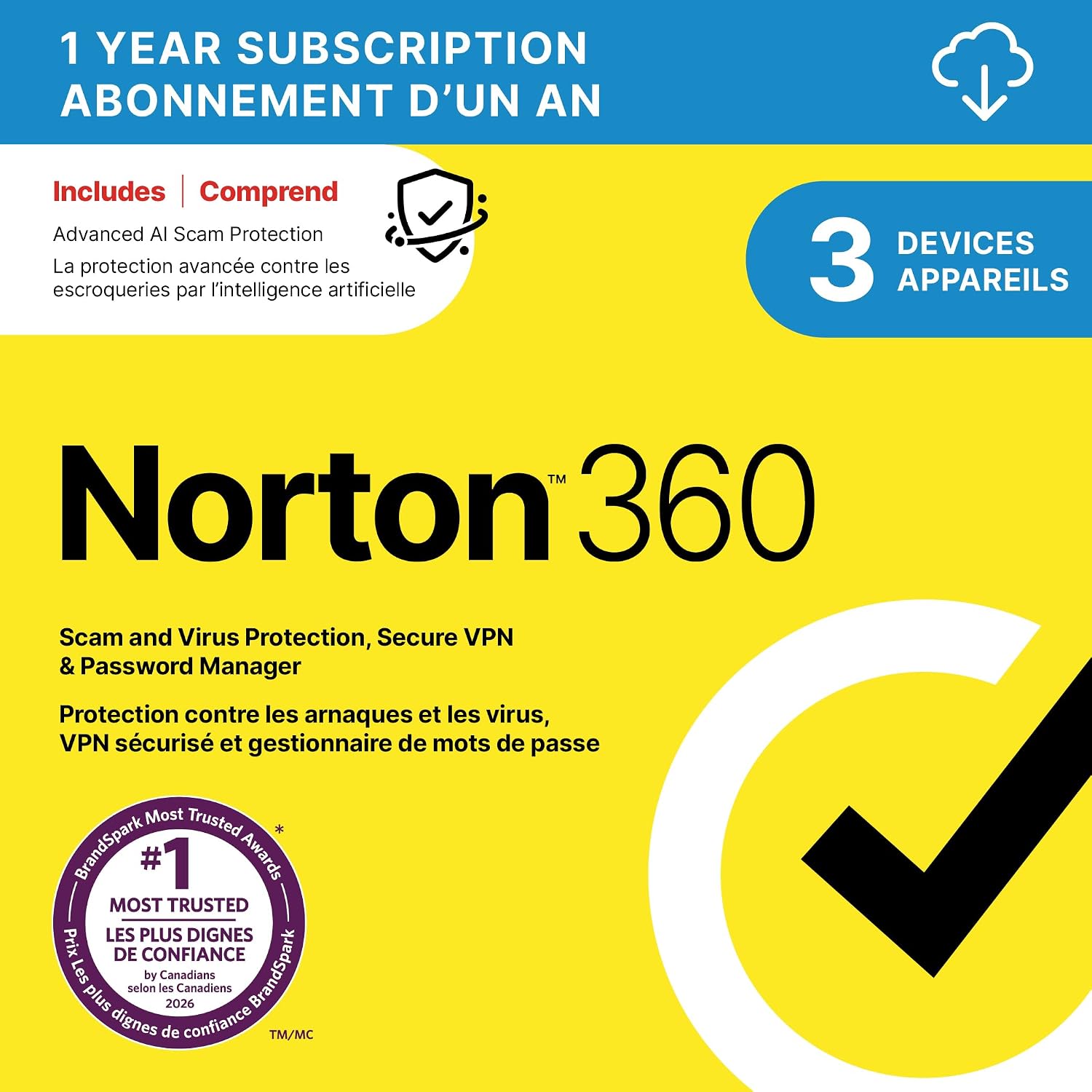 Abonnement antivirus Norton 360 1 an pour 3 appareils, protection et téléchargement