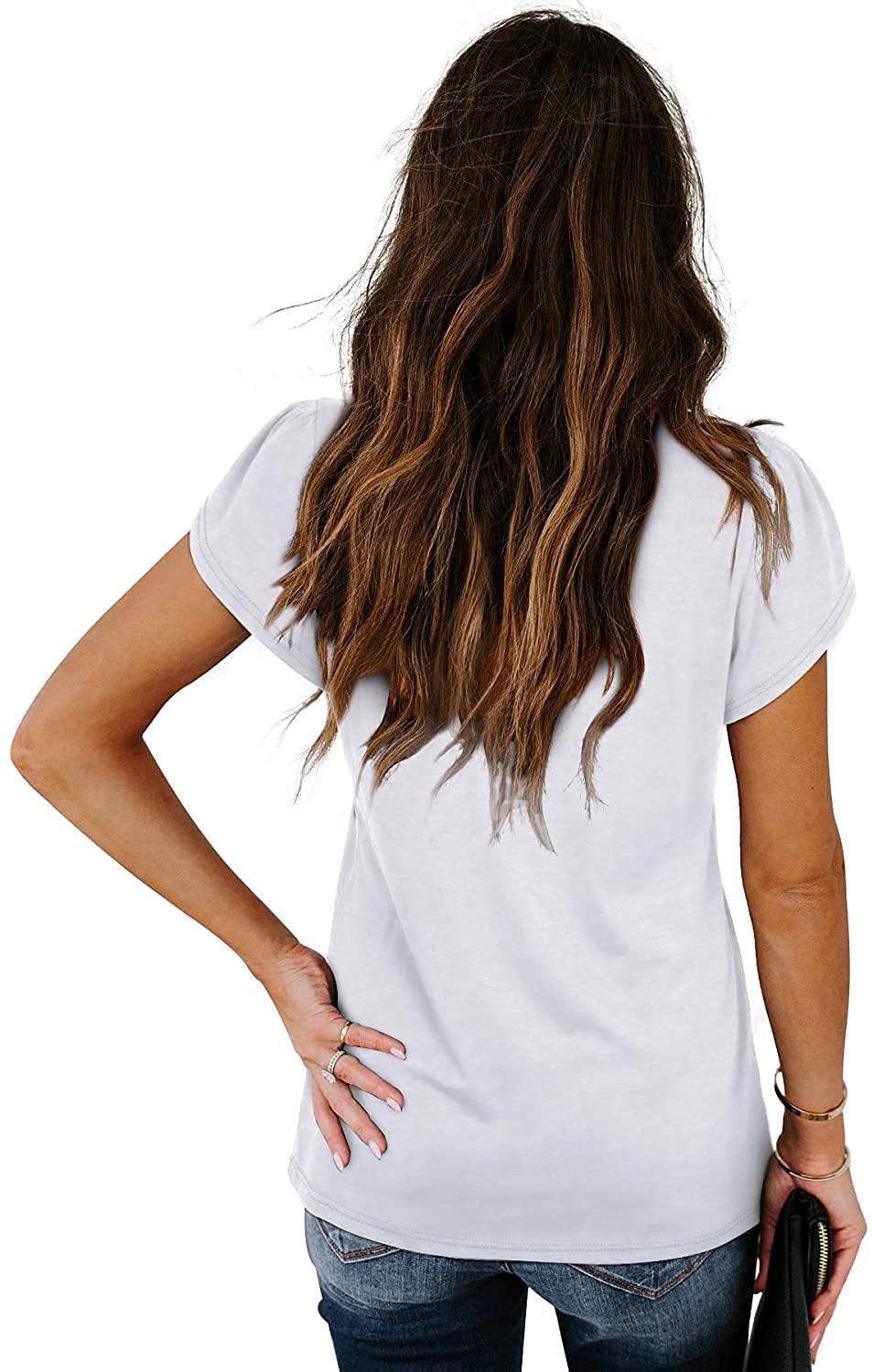 isermeo Womens Summer Tops Sexy V Neck Petal Sleeve Casual Solid Color Tee Tshirts S-XXL