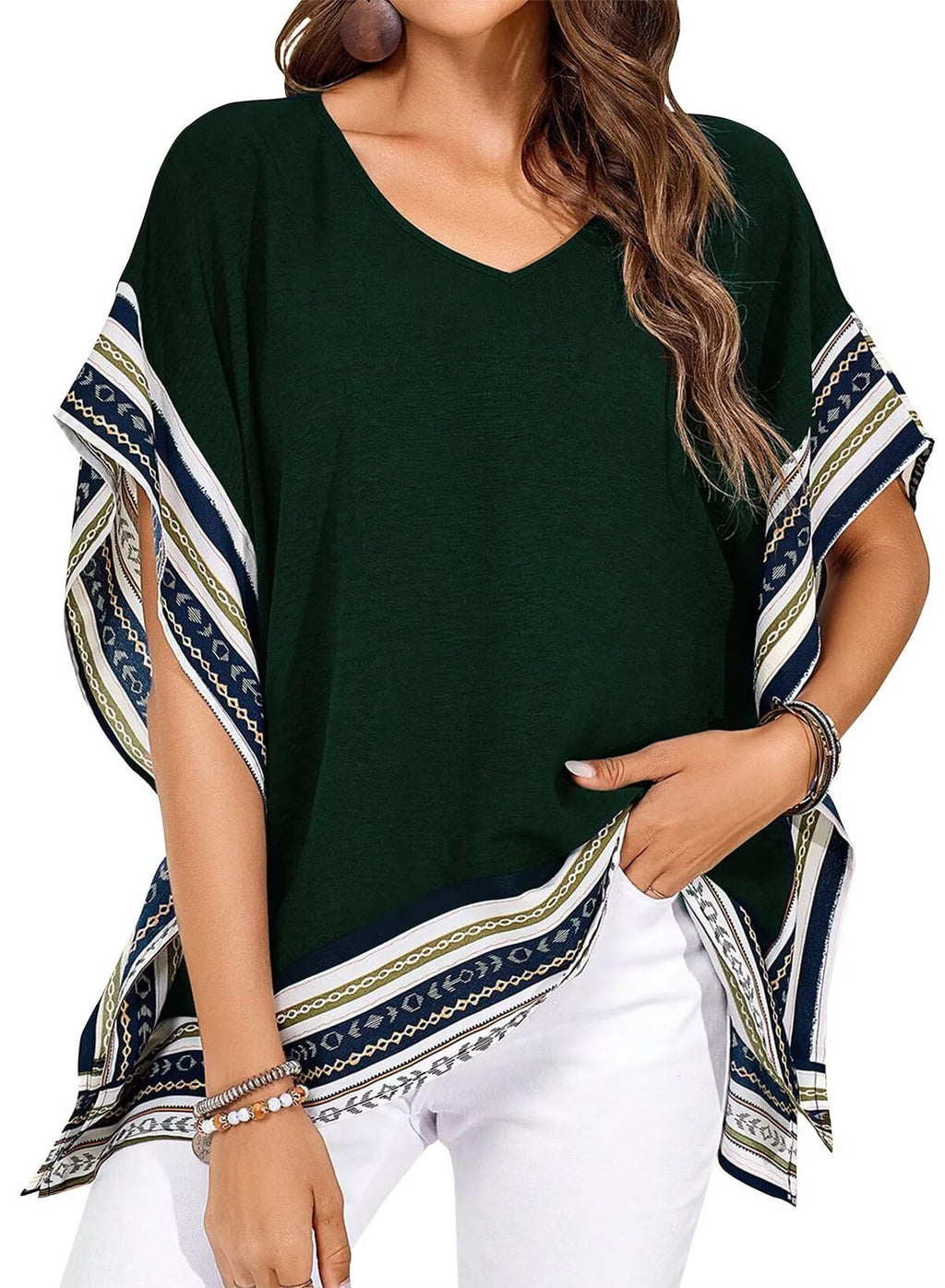 Falechay Women's Casual V Neck Floral Tops Batwing Sleeve Blouse Loose Fitting Shirts Boho Flowy Side Slit Tees