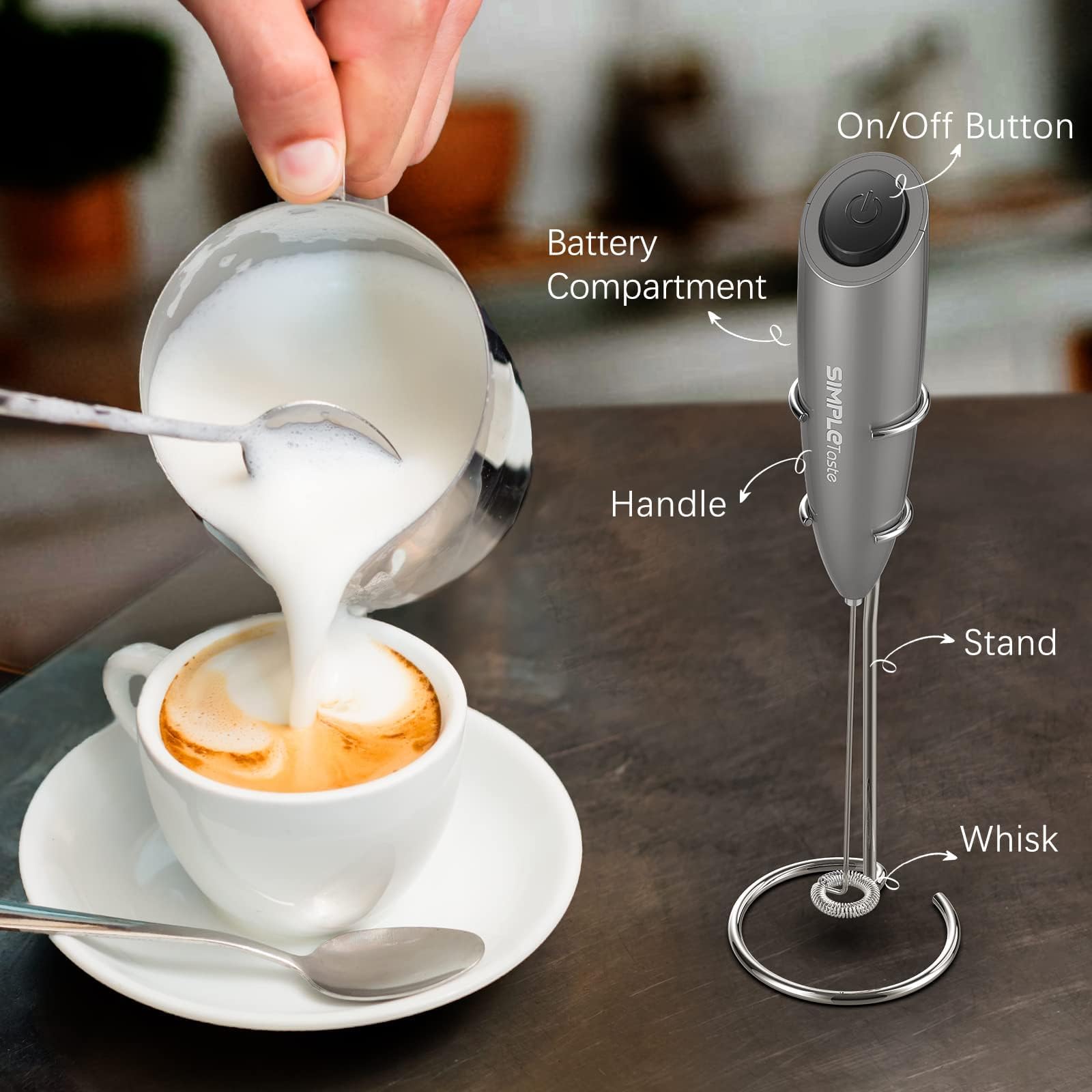 SIMPLETASTE Milk Frother Handheld Electric Foam Maker, Drink Mixer with Stainless Steel Whisk for Cappuccino, Bulletproof Coffee, Latte, Blizzard White, Without Stand, Battery Operated