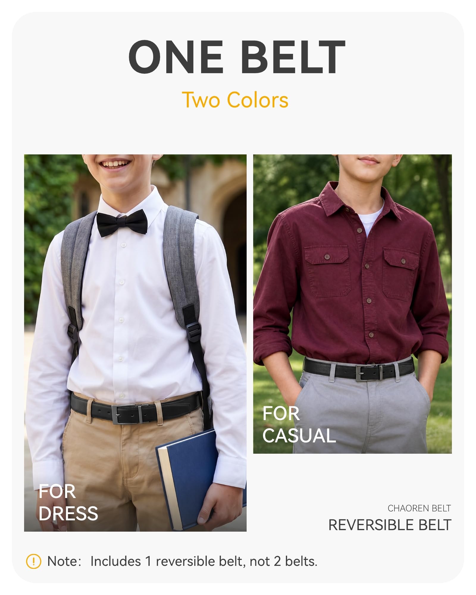 CHAOREN Kids Belt - 1 1/4" Dress Reversible Boys Belt for Youth - One Leather Belt Two Style