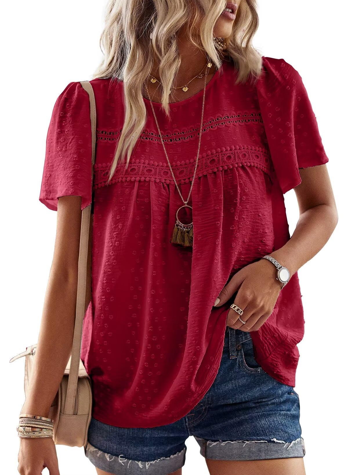 Falechay Womens Summer Tops Crewneck Short Sleeve Shirts Casual Chiffon Blouses Flowy Lace Hem Boho Clothing Trendy 2026