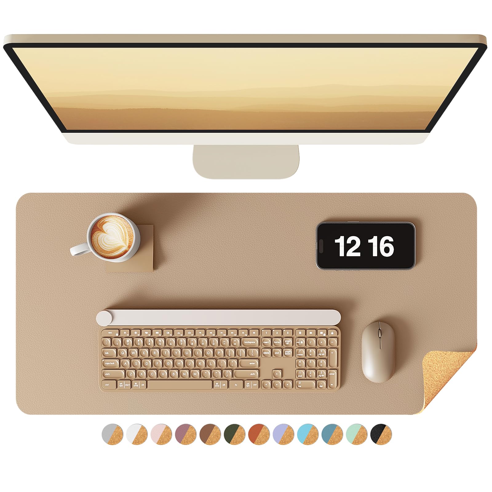 Tapis de bureau en simili cuir bleu foncé avec bord en liège, pour bureau et souris