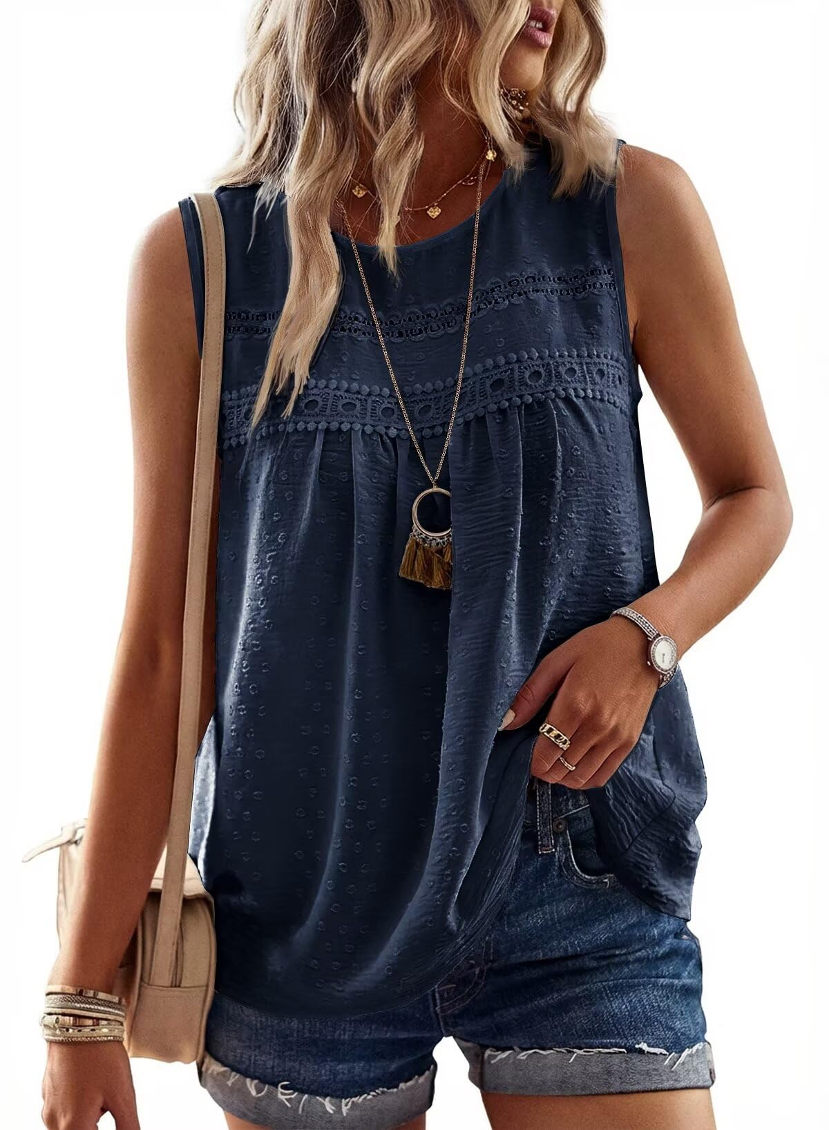Falechay Womens Summer Tops Boho Shirts Crewneck Sleeveless Tank Tops Flowy Lace Hem Casual Blouses Clothing Trendy 2026