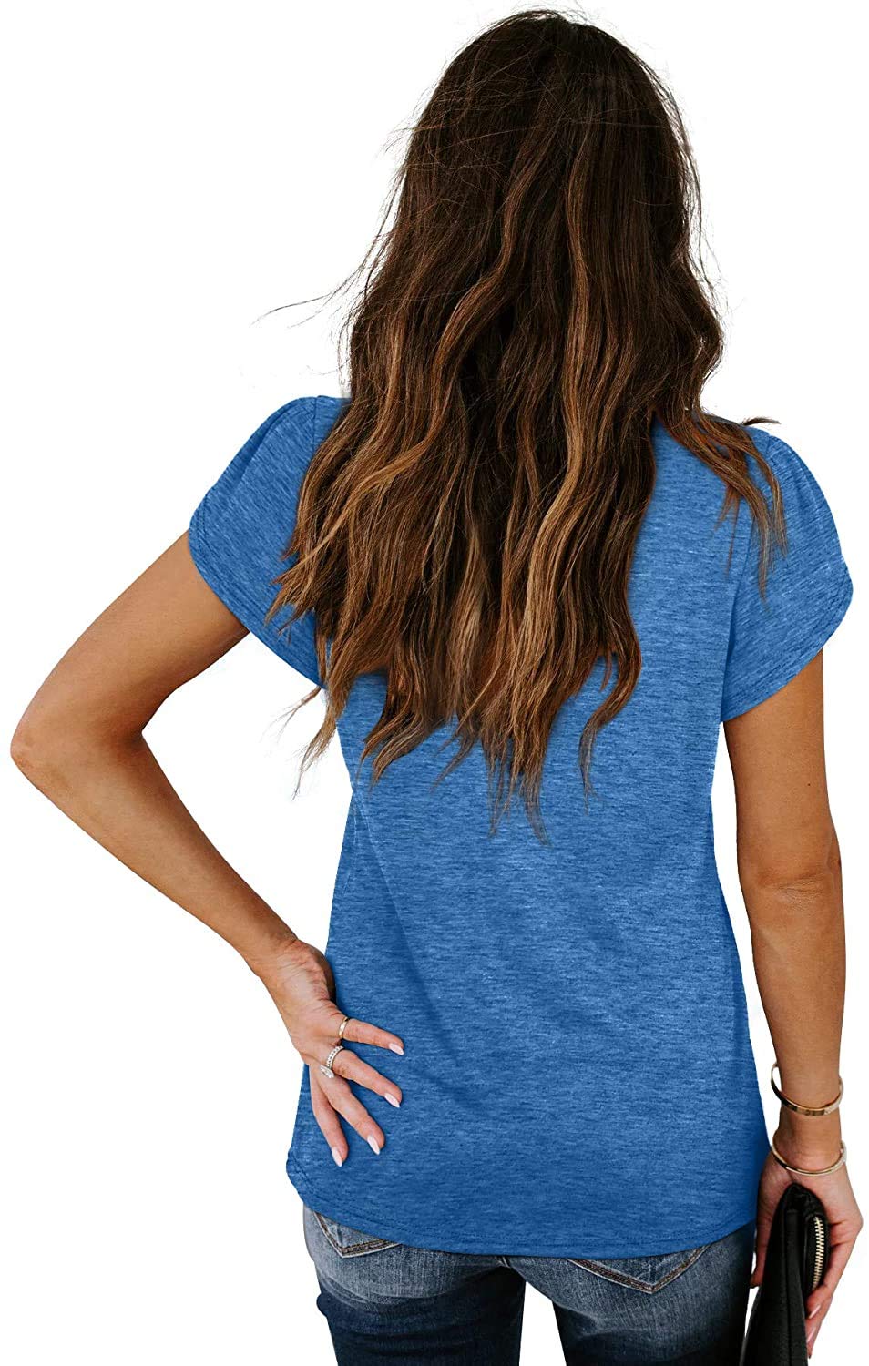 isermeo Womens Summer Tops Sexy V Neck Petal Sleeve Casual Solid Color Tee Tshirts S-XXL