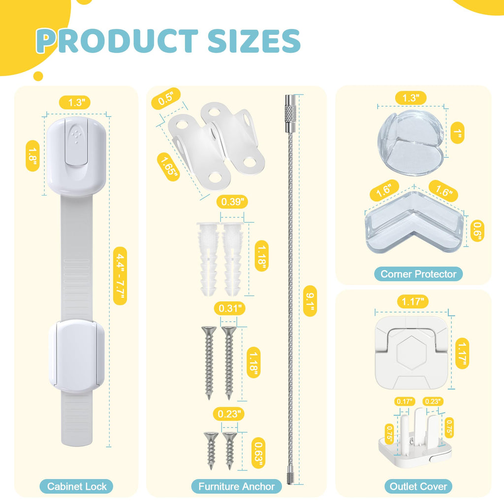 4our Kiddies 56 Pack Baby Proofing Kit, 6 Child Proof Cabinet Locks, 32 Outlet Covers, 6 Anti-Tip Furniture Anchors and 12 Corner Protectors, Child Safety Essentials to Protect Kids at Home