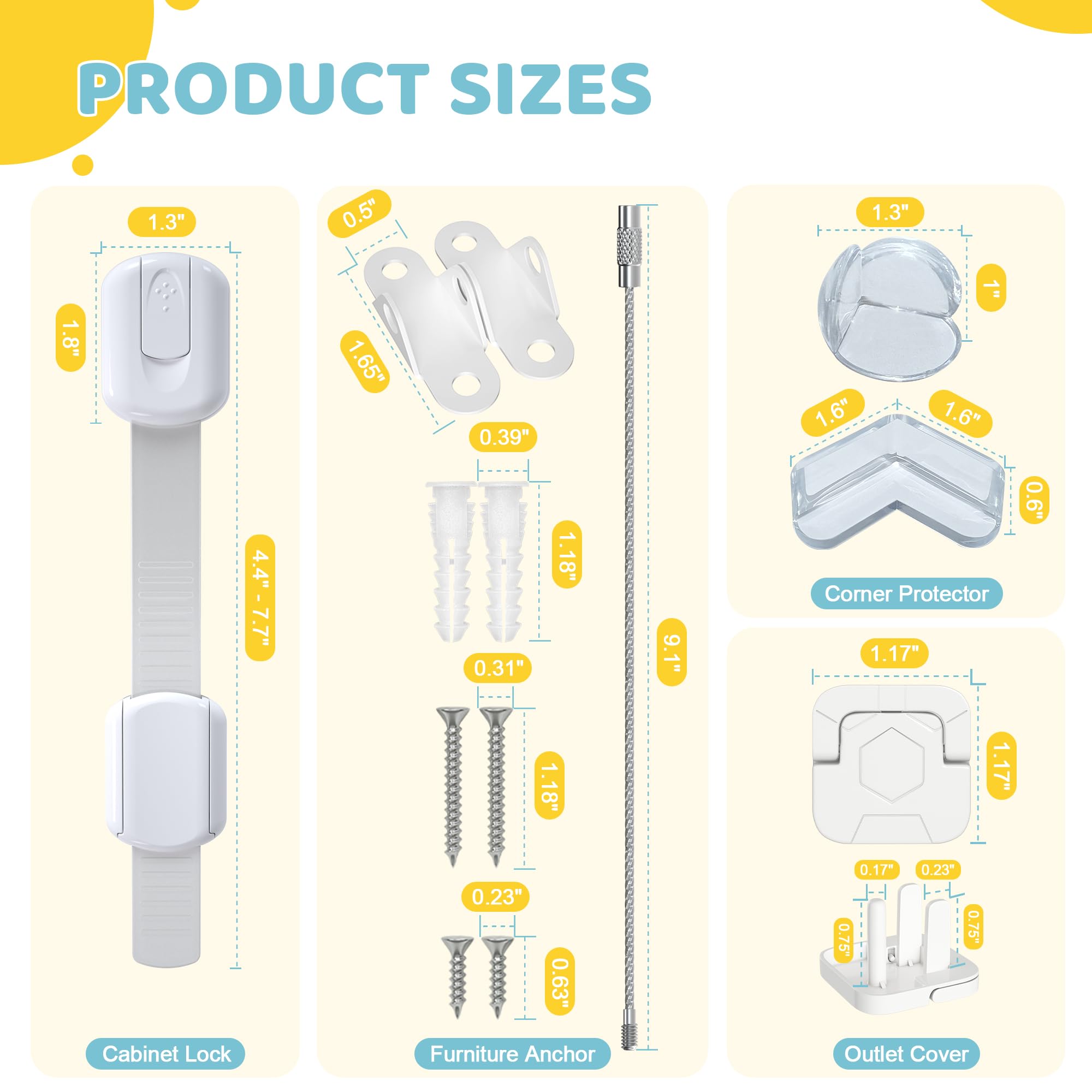 4our Kiddies 56 Pack Baby Proofing Kit, 6 Child Proof Cabinet Locks, 32 Outlet Covers, 6 Anti-Tip Furniture Anchors and 12 Corner Protectors, Child Safety Essentials to Protect Kids at Home