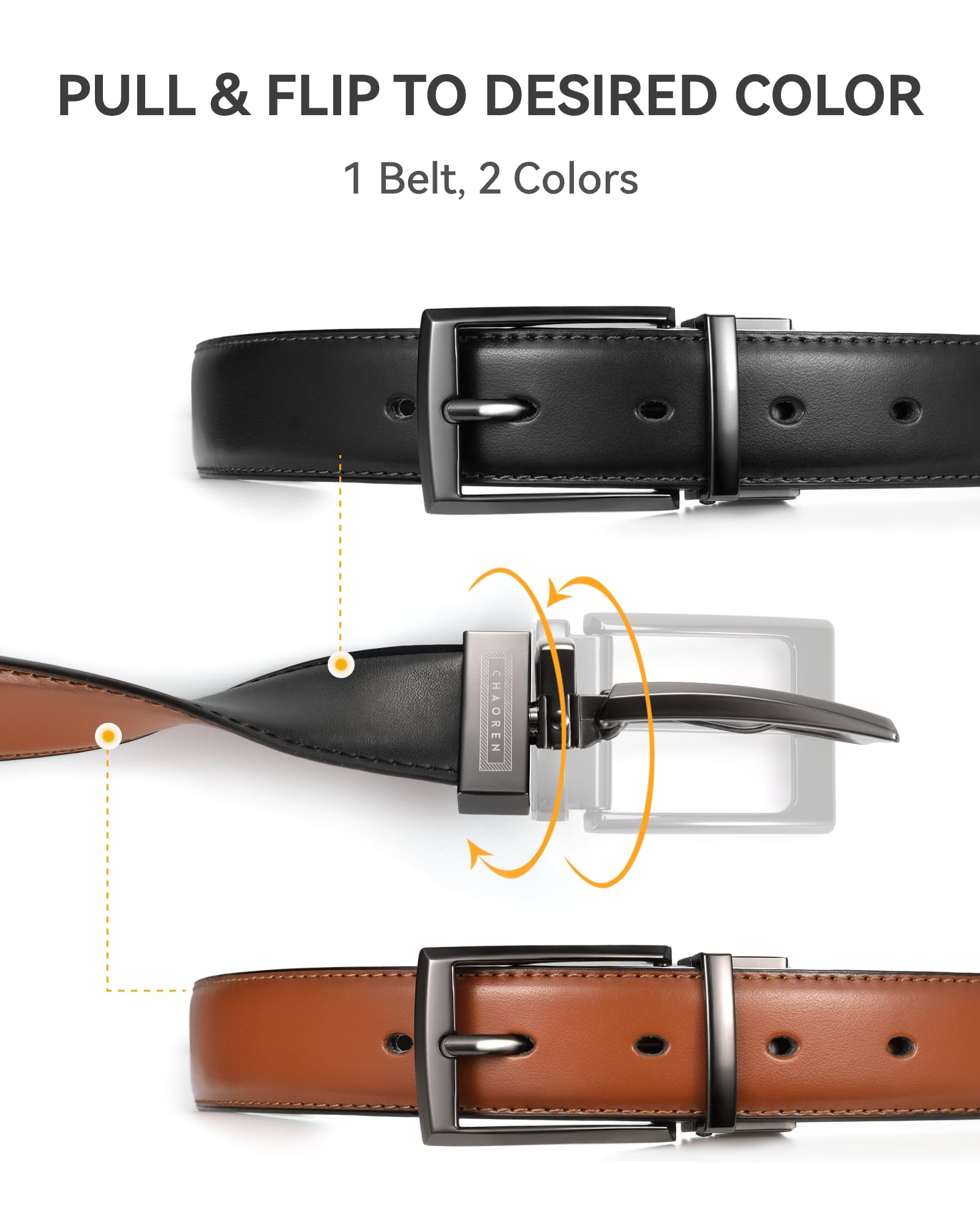 CHAOREN Reversible Mens Belt 1 Piece - 1 3/8" Mens Belts Leather for Casual Jeans Dress - One Belt, Two Colors