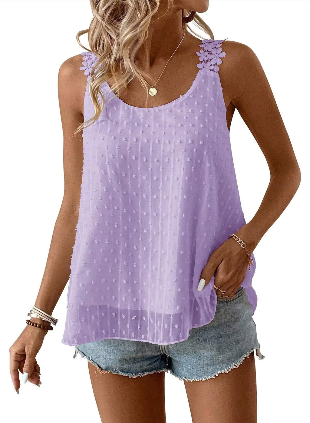 Falechay Womens Tank Tops Flowy Sleeveless Summer Boho Tank Top for Women Crewneck Spaghetti Strap Lace Camisole Shirts