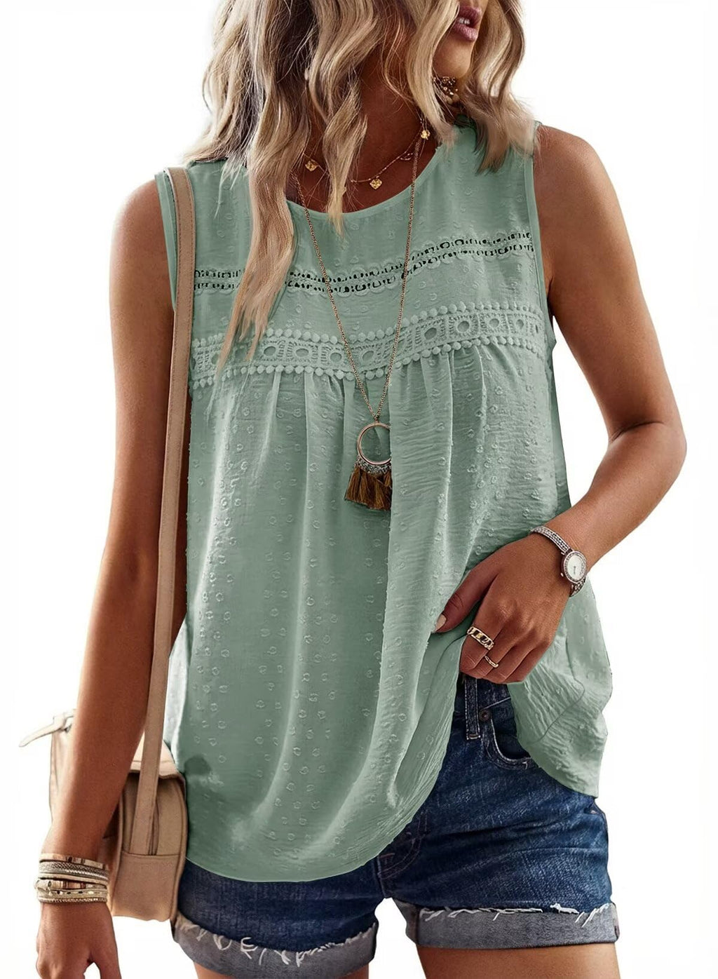 Falechay Womens Summer Tops Boho Shirts Crewneck Sleeveless Tank Tops Flowy Lace Hem Casual Blouses Clothing Trendy 2026