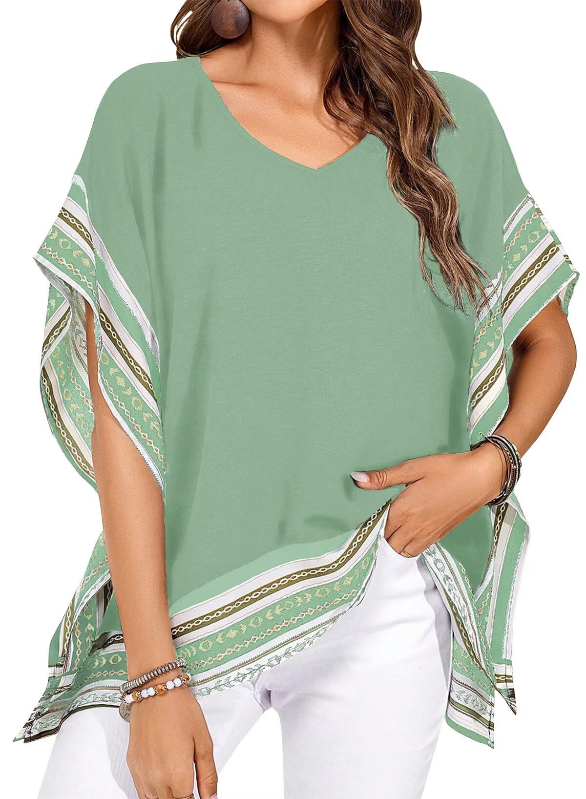 Falechay Women's Casual V Neck Floral Tops Batwing Sleeve Blouse Loose Fitting Shirts Boho Flowy Side Slit Tees