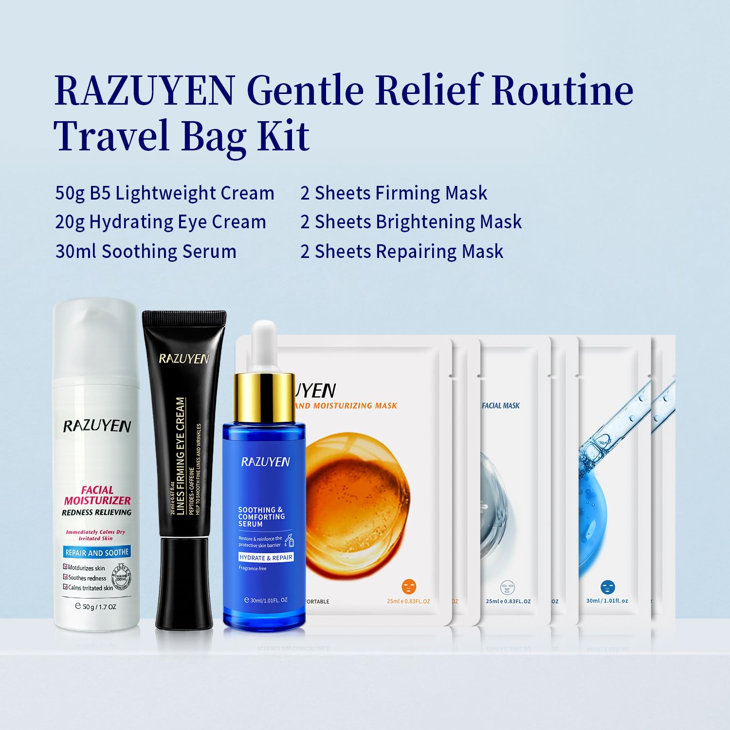 Trousse de voyage soins visage RAZUYEN avec flacons et masques en feuilles