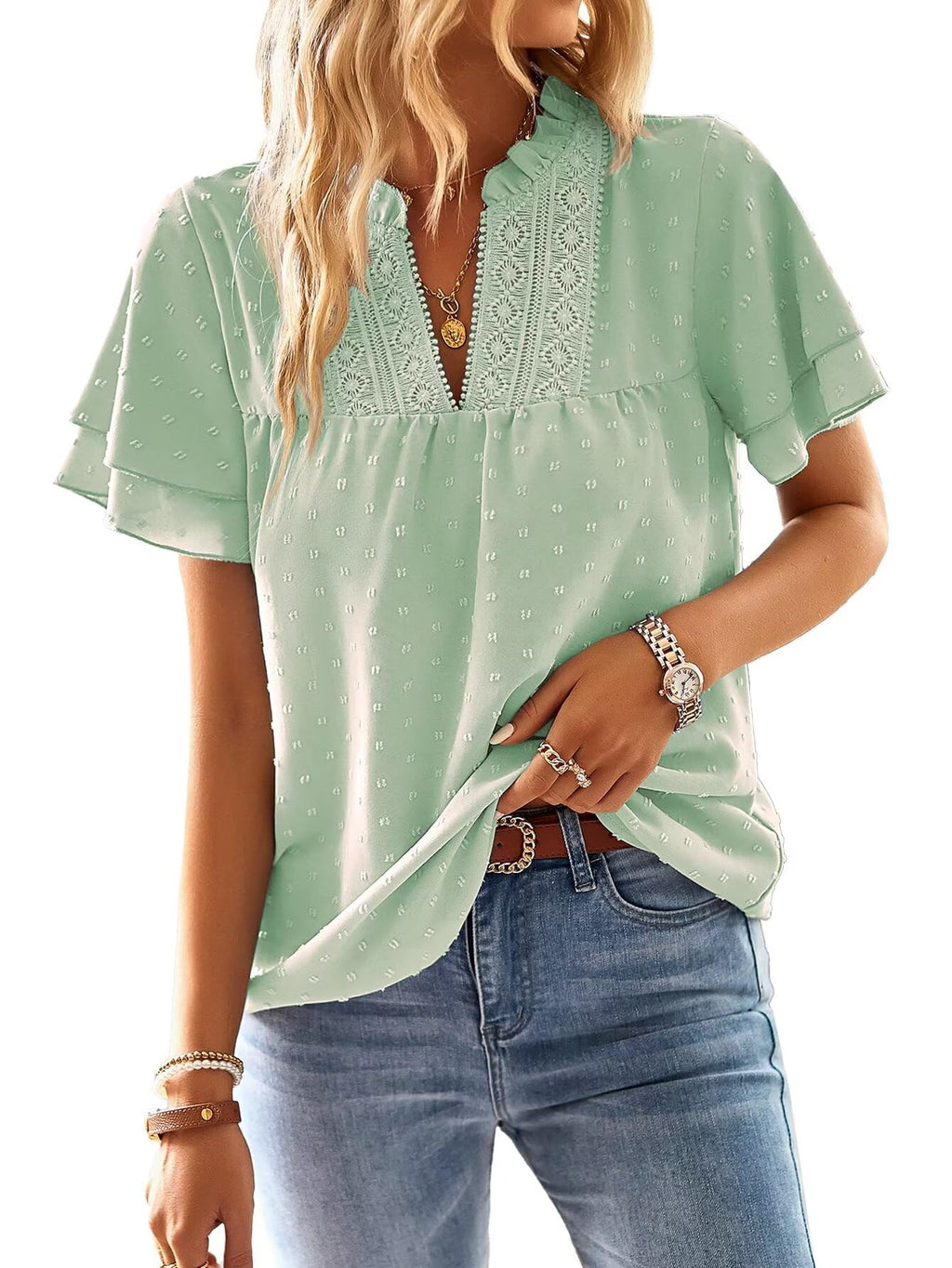Falechay Womens Tops Butterfly Sleeve V Neck Blouses for Women Dressy Casual Flowy Swiss Dot Ruffle Short Sleeve Shirts