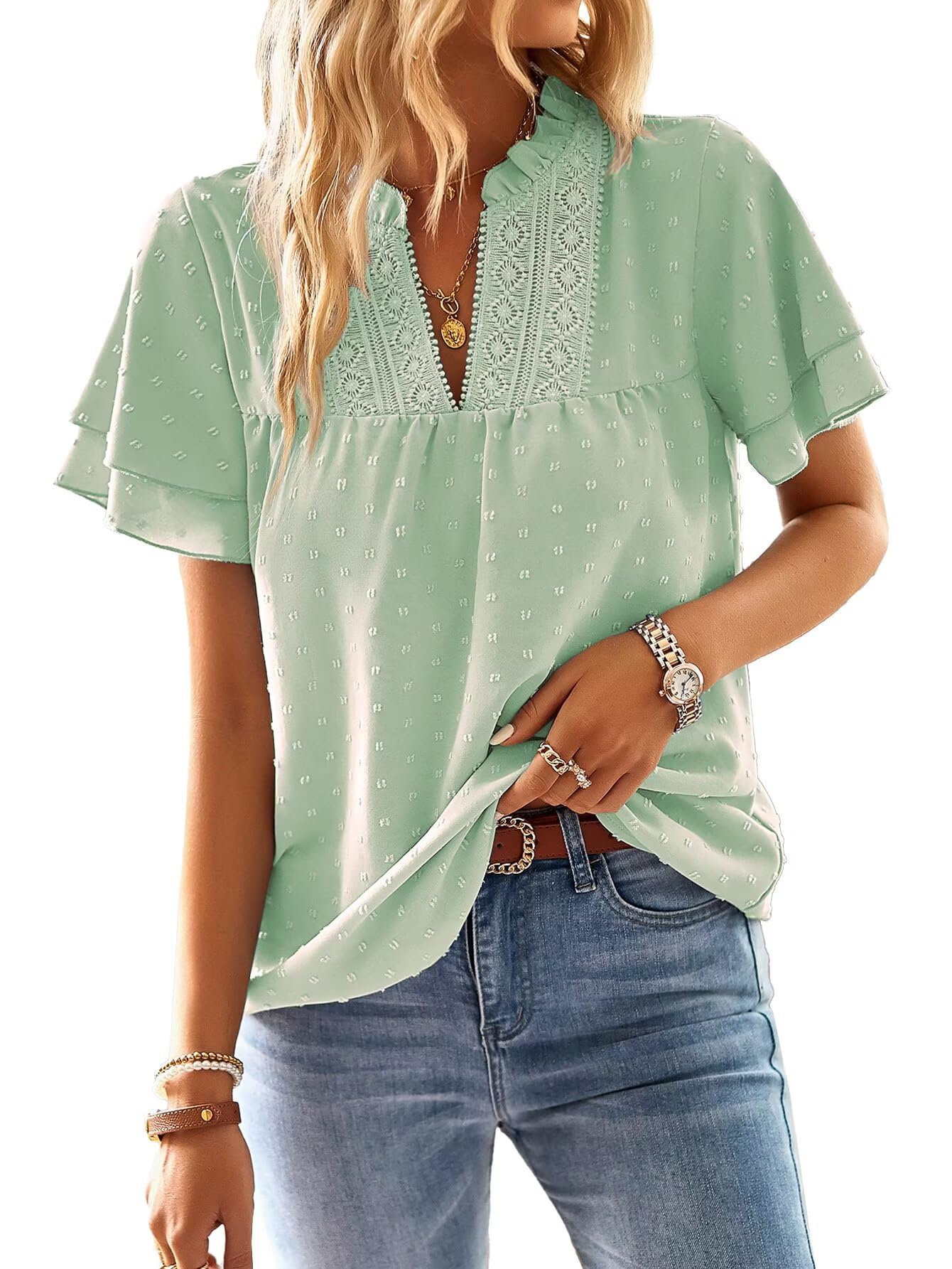 Falechay Womens Tops Butterfly Sleeve V Neck Blouses for Women Dressy Casual Flowy Swiss Dot Ruffle Short Sleeve Shirts