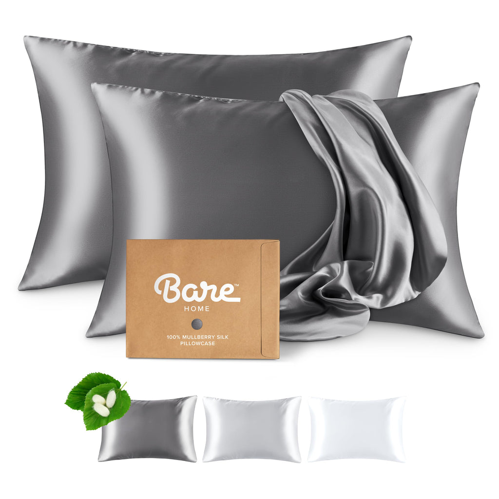 Bare Home 100% Mulberry Silk Pillowcase for Hair and Skin - Ultra Premium 6A Grade 19 Momme Silk Pillow Case - Hidden Zipper - Breathable Cooling Pillow Cover (Body, Silver)