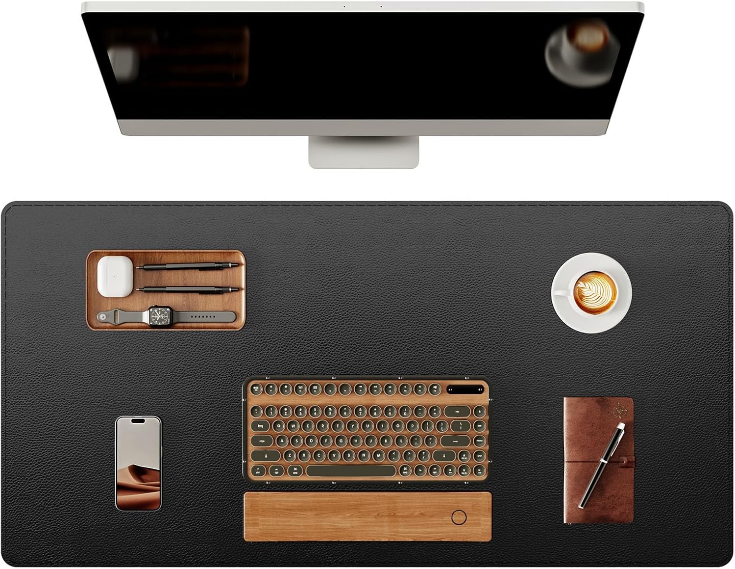 Tapis de bureau en cuir noir à coutures, base antidérapante pour ordinateur
