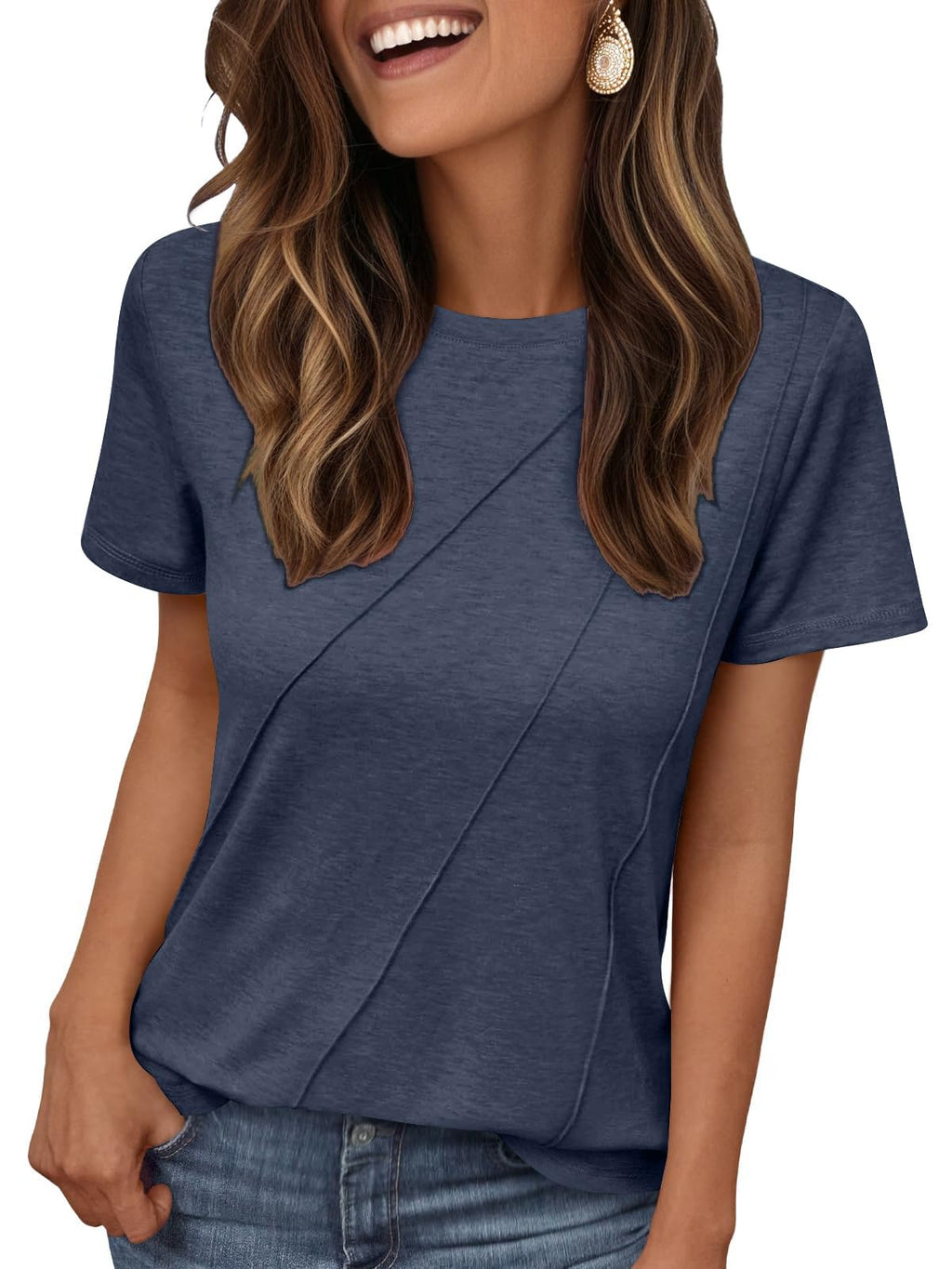 isermeo Women's Summer Short Sleeve Tops Casual Crewneck Fashion Pleated T-Shirts Blouses Trendy 2026 S-XXL