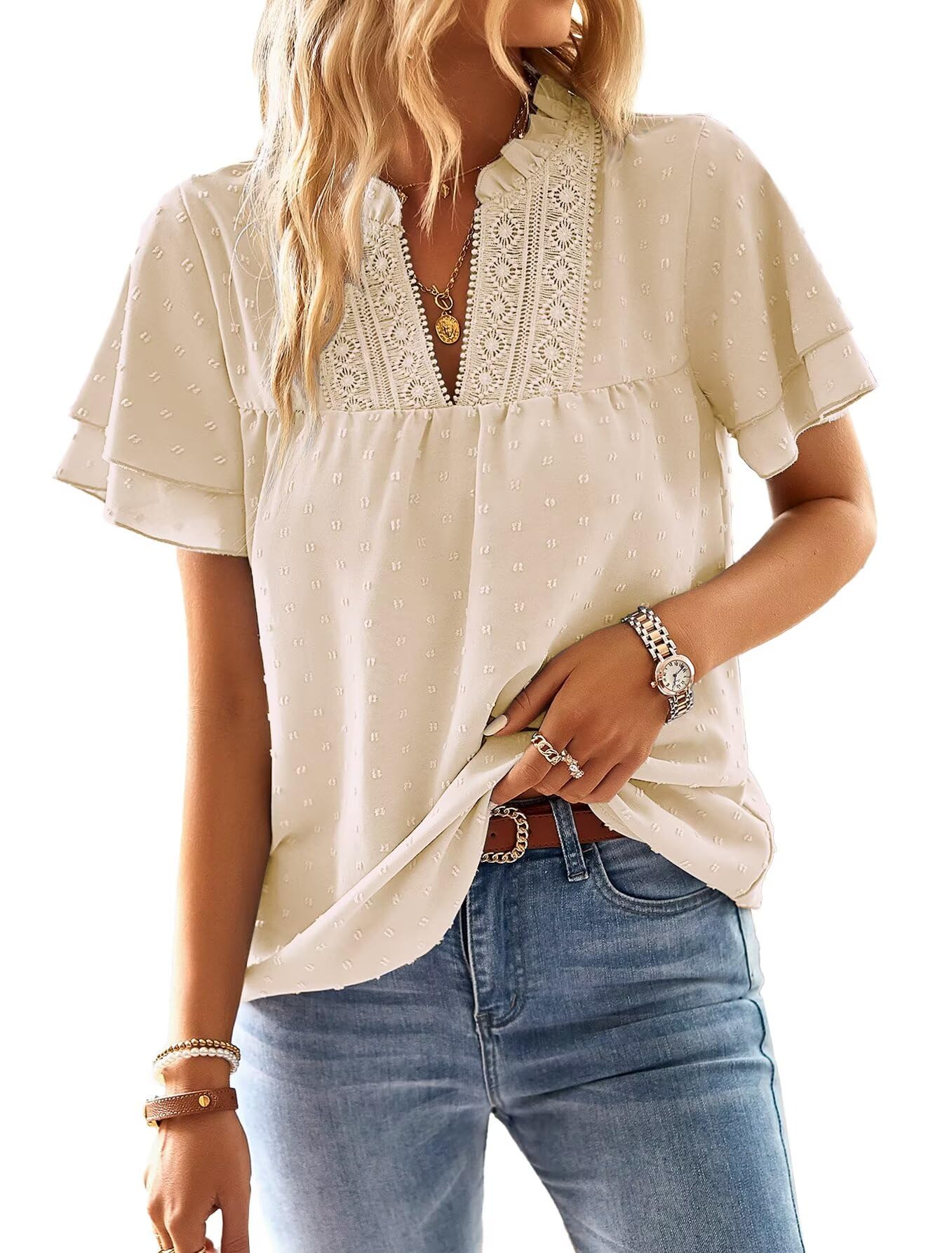 Falechay Womens Tops Butterfly Sleeve V Neck Blouses for Women Dressy Casual Flowy Swiss Dot Ruffle Short Sleeve Shirts