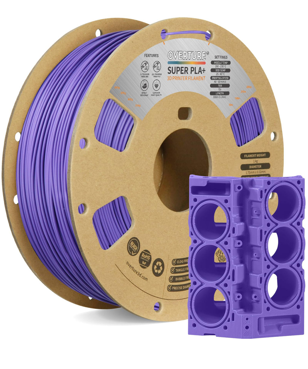 Bobine de filament PLA+ violet avec pièce violette en impression 3D