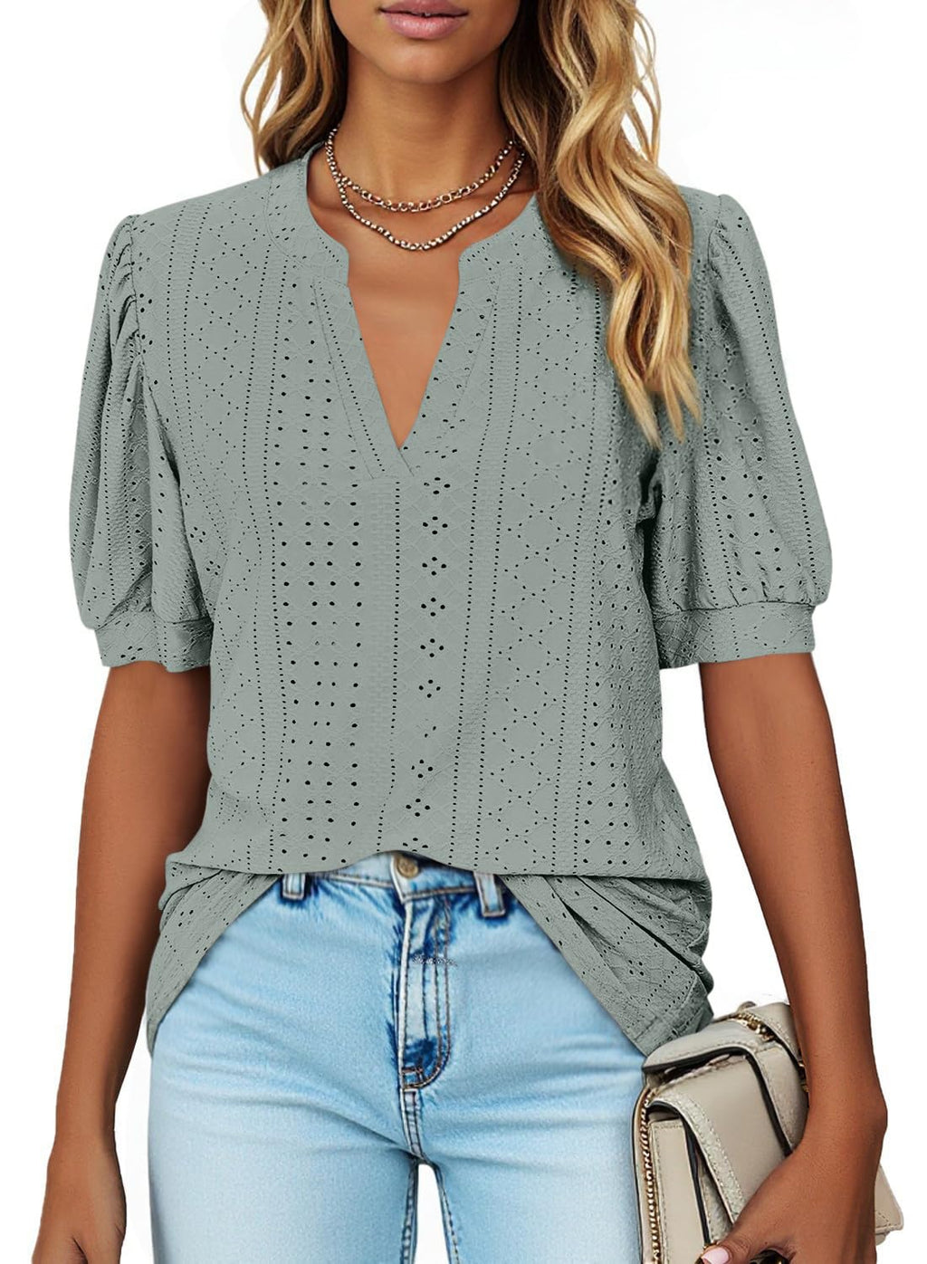 isermeo Womens Shirts Casual V Neck Tshirts Puff Short Sleeve Summer Tops Tunic Blouses S-XXL