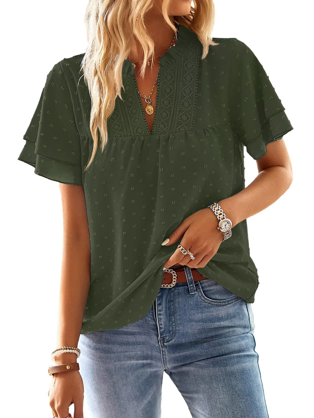 Falechay Womens Tops Butterfly Sleeve V Neck Blouses for Women Dressy Casual Flowy Swiss Dot Ruffle Short Sleeve Shirts