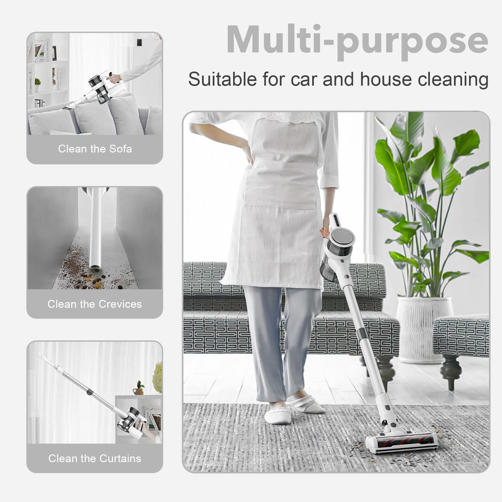 4 in 1 Cordless Vacuum for Home, 80,000PRM Powerful Motor Vacuum Cleaner with 2 Adjustable Modes, Max 40 Mins Runtime Rechargeable Battery and Washable Parts Stick Vacuum (Zinc White)