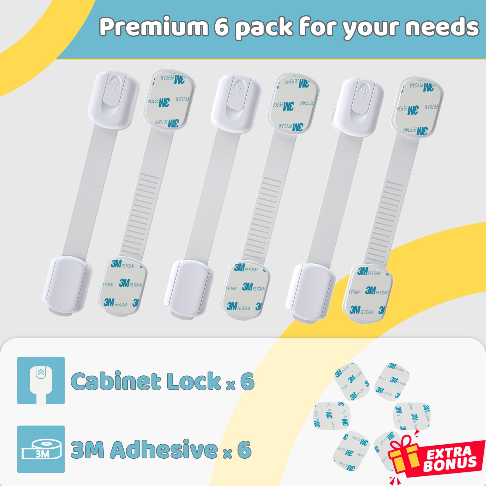 4our Kiddies Child Safety Cabinet Locks for Babies (6 Pack), Child Proof Latches for Cabinets and Drawers Doors, Baby Proofing Cabinet Strap Locks for Cupboard and Closet with 6Pcs Extra 3M Adhesives