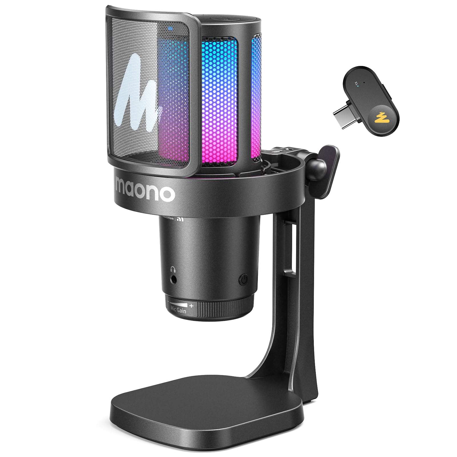 Microphone sans fil sur pied avec éclairage RGB bleu et rose, finition noire