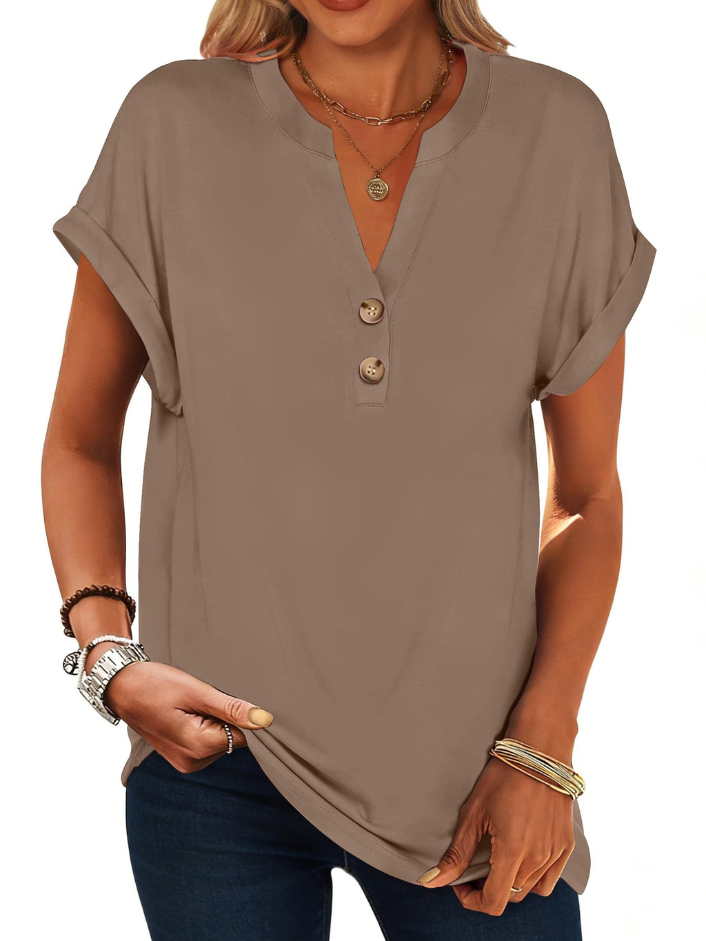 isermeo Womens Short Sleeve Henley Tops V Neck Dressy Casual Blouses Summer Tee Shirts 2026 Trendy Button Clothes S-XXL