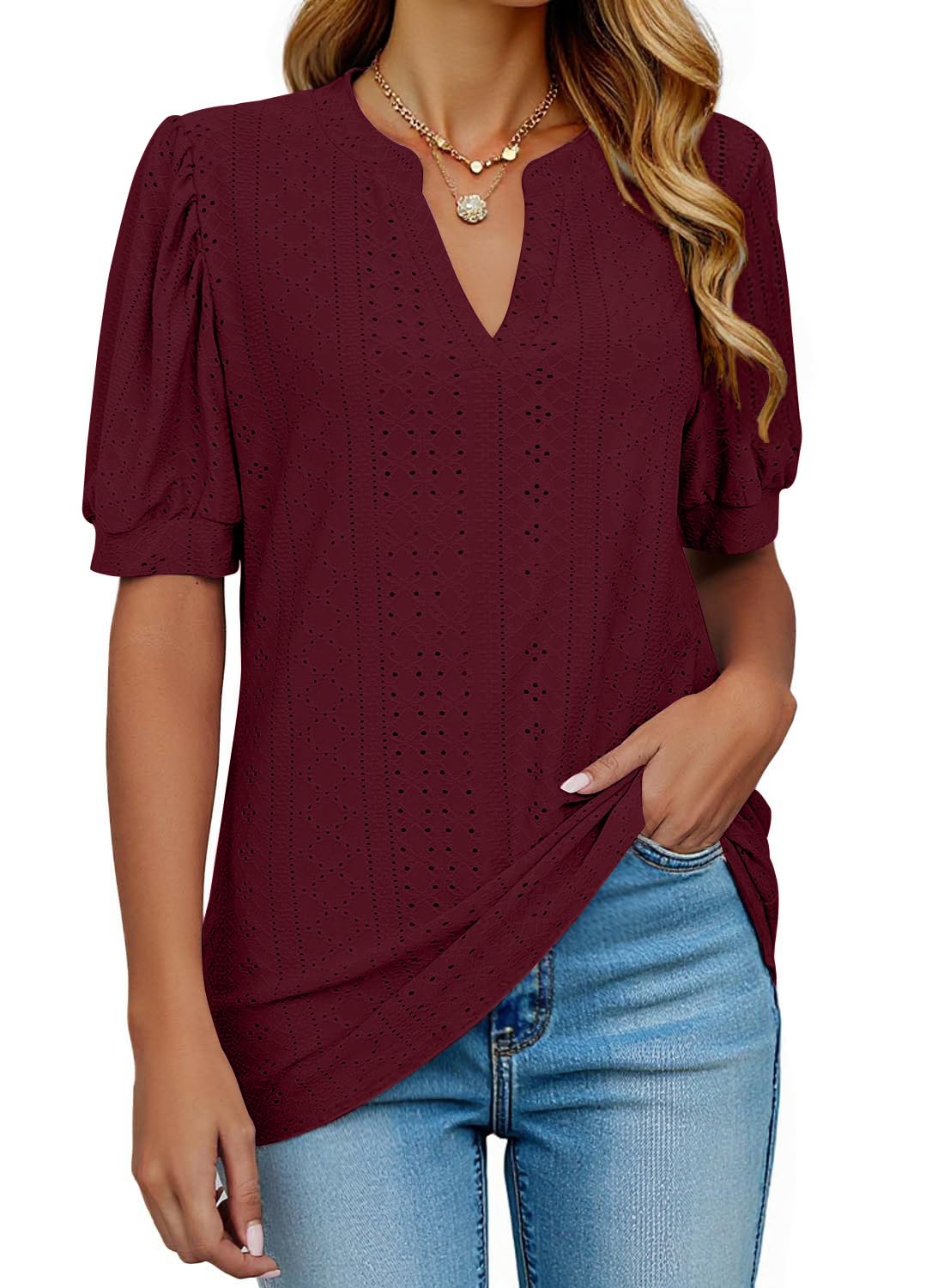 isermeo Womens Shirts Casual V Neck Tshirts Puff Short Sleeve Summer Tops Tunic Blouses S-XXL