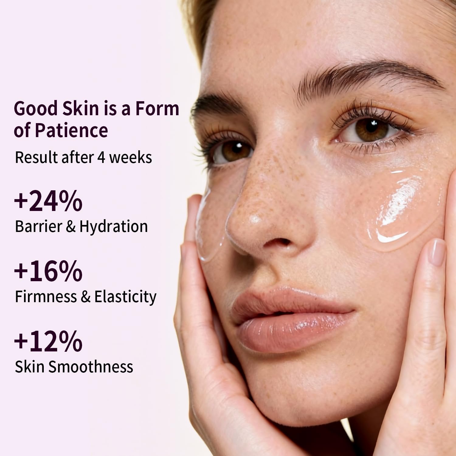 Sérum anti-âge RAZUYEN, texture brillante appliquée sur le visage.