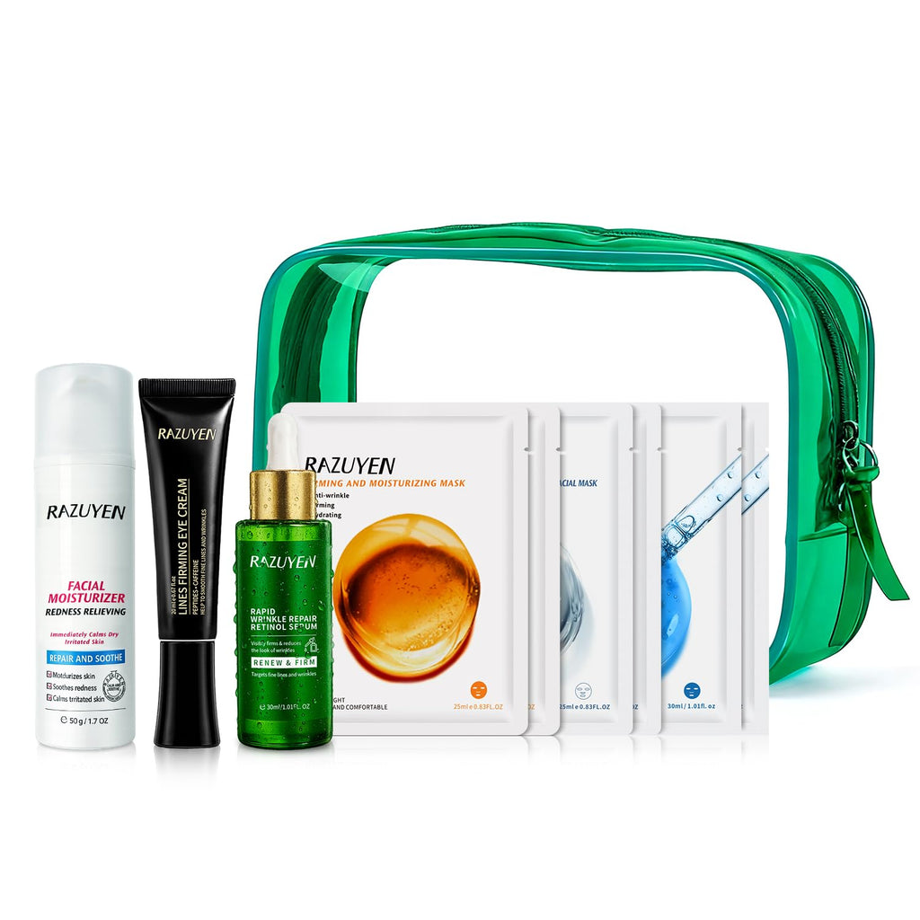 Coffret de soins visage en sac de voyage vert, flacons et masques en feuilles