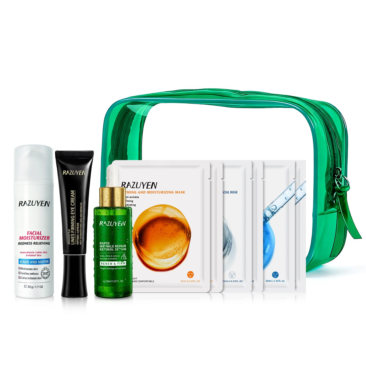 Coffret de soins visage en sac de voyage vert, flacons et masques en feuilles