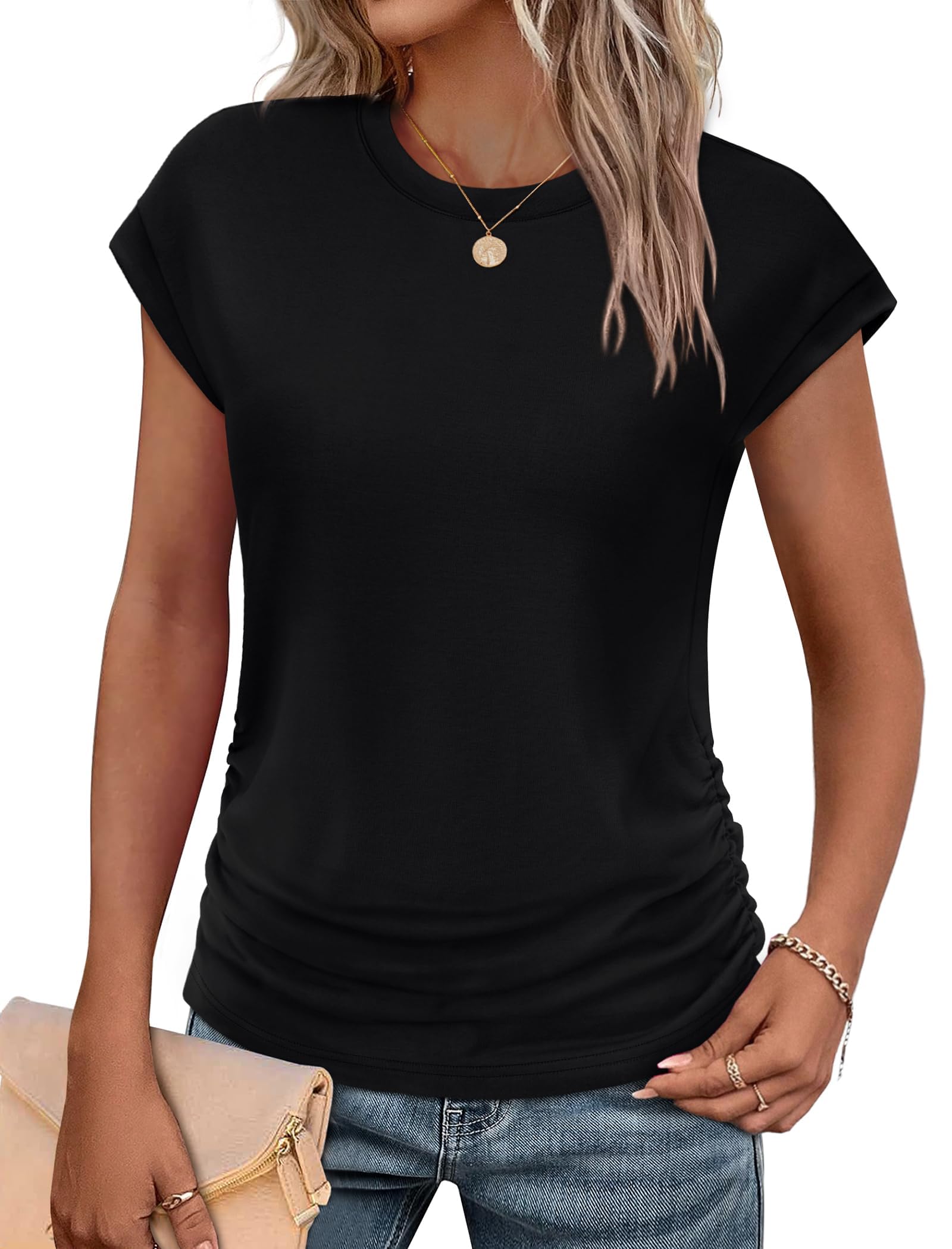 isermeo Womens Summer Tops Trendy 2026 Ruched Side Cap Short Sleeve Tshirts Crew Neck T Shirts Fashion S-XXL