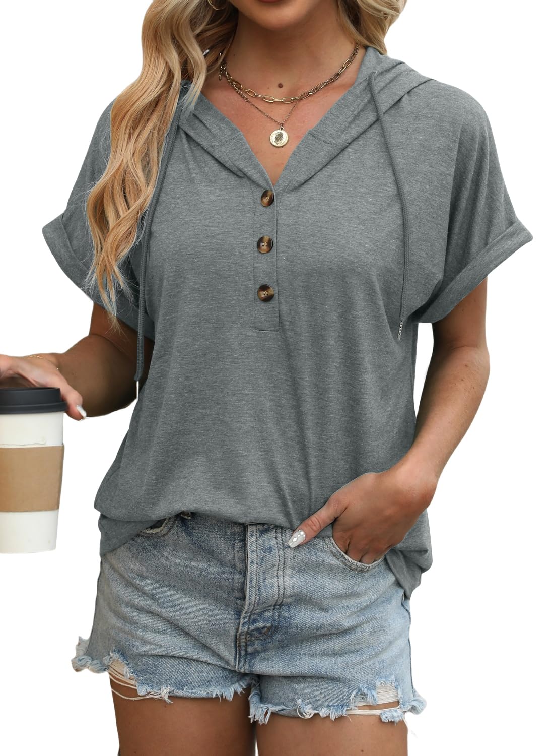 isermeo Womens Oversized Short Rolled Sleeve Summer Hoodie T Shirt 2024 Trendy Henley Button Tshirts S-XXL