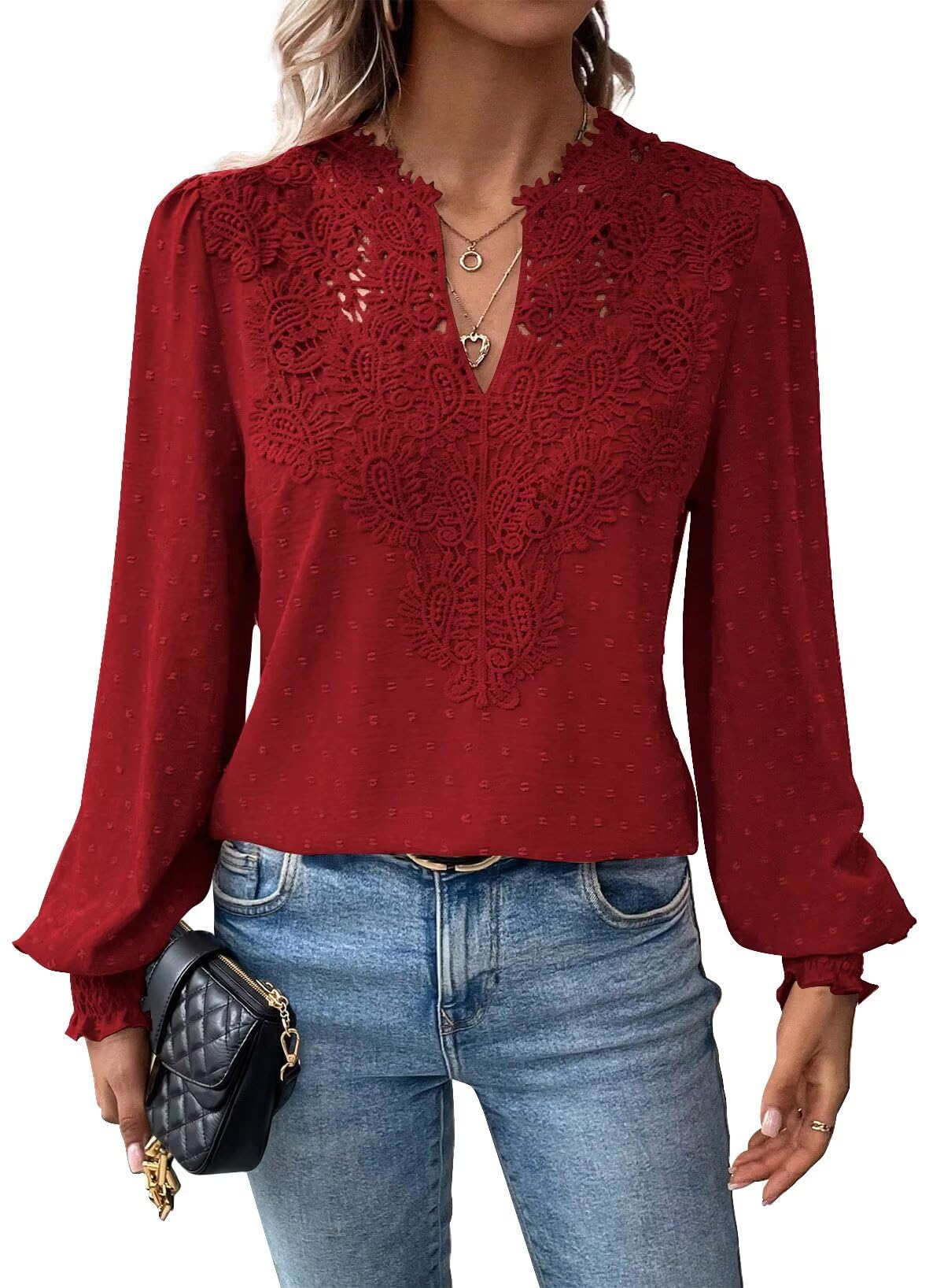 Falechay Womens Tops Swiss Dot Boho Long Sleeve Shirts V Neck Casual Chiffon Blouses Flowy Lace Hem Cute Clothing Trendy 2026